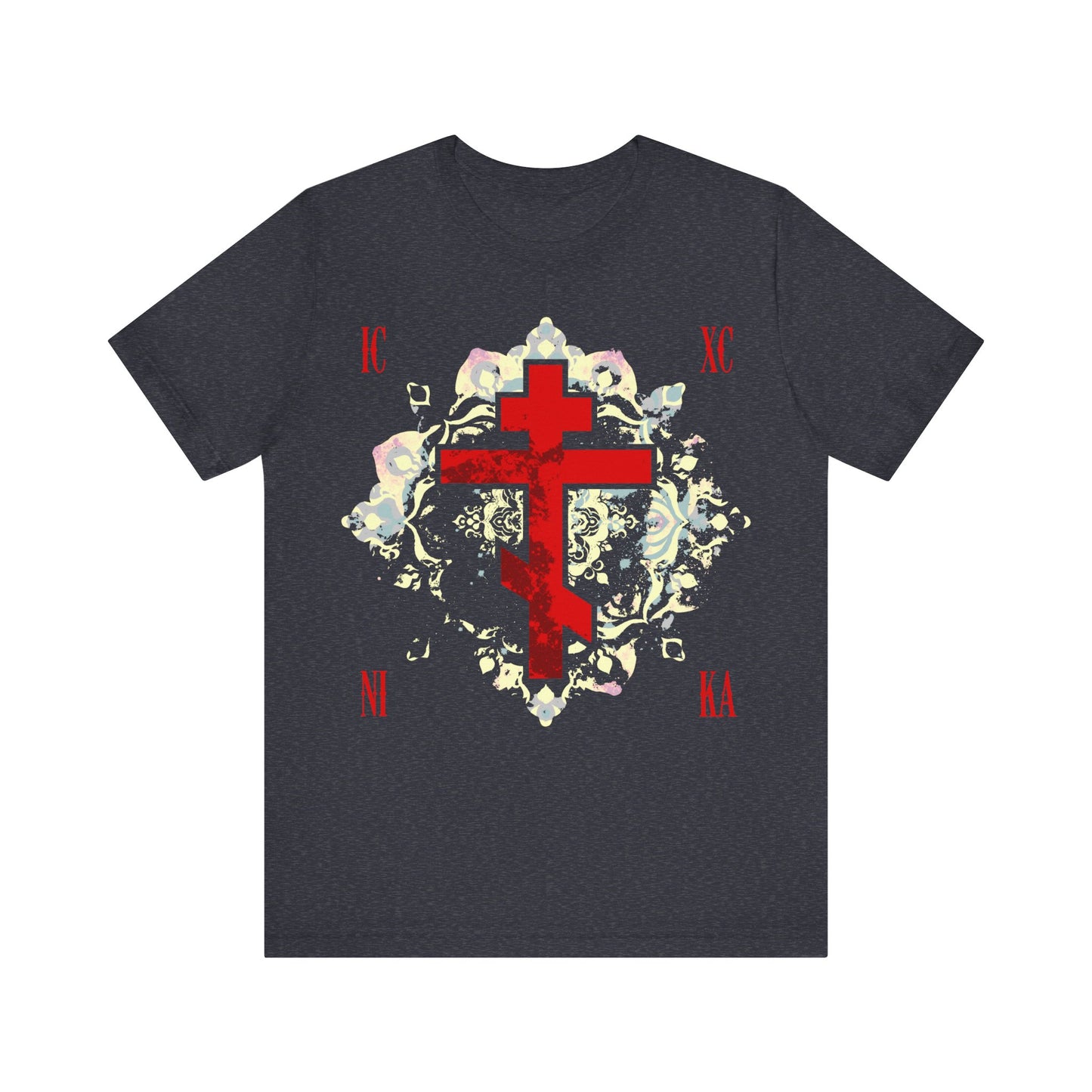 Heather navy t-shirt featuring a textured red Orthodox cross with a medieval floral background—ICXC NIKA means Jesus Christ Conquers. Cotton Orthodox Christian tee honors faith and spiritual victory.