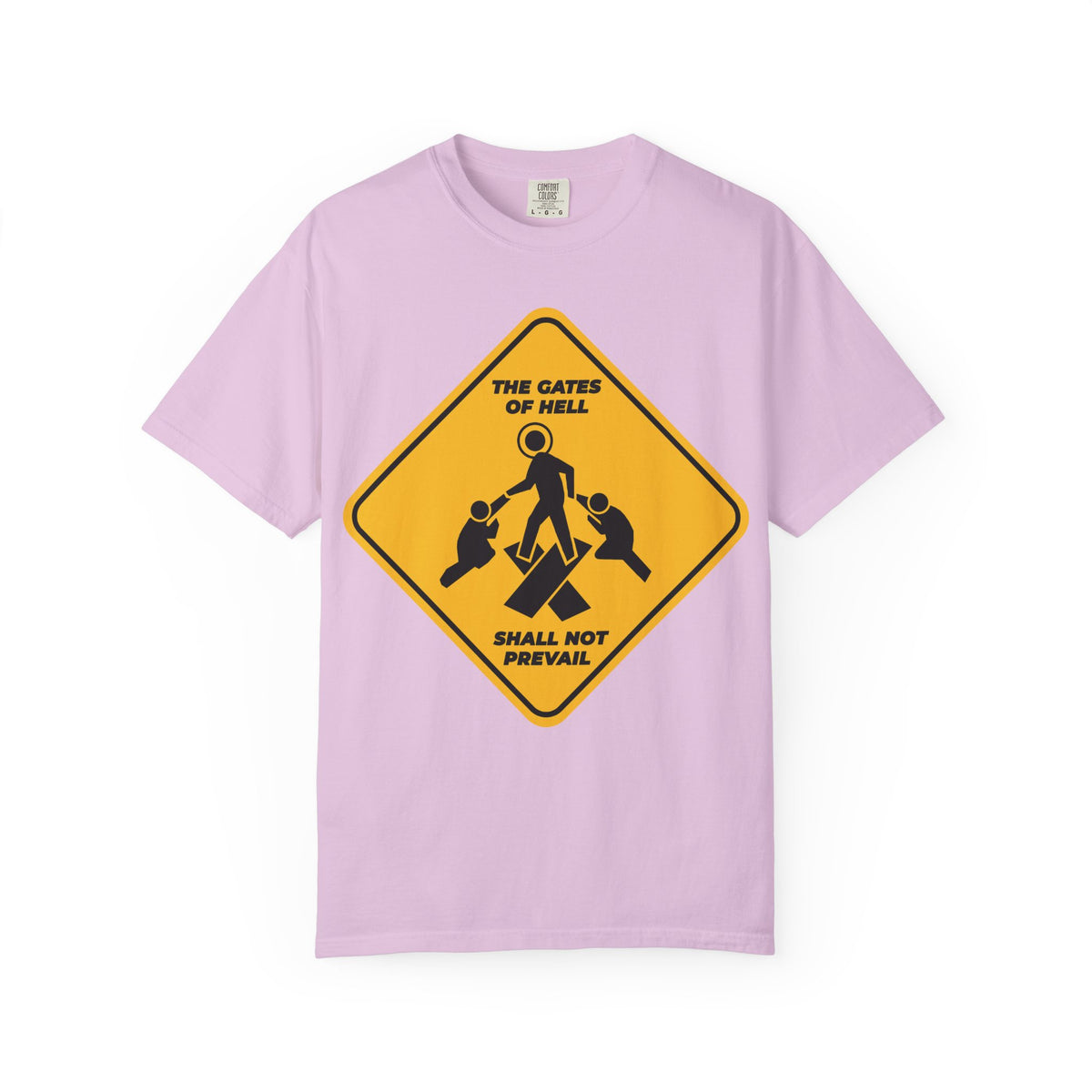 Orchid-colored “Gates of Hell Shall Not Prevail” heavyweight cotton unisex tee featuring a minimalist yellow street sign Pascha icon with stylized figures trampling down death by death—design inspired by St. John Chrysostom and Isaiah 45:2-3’s promise of hidden treasures in darkness.
