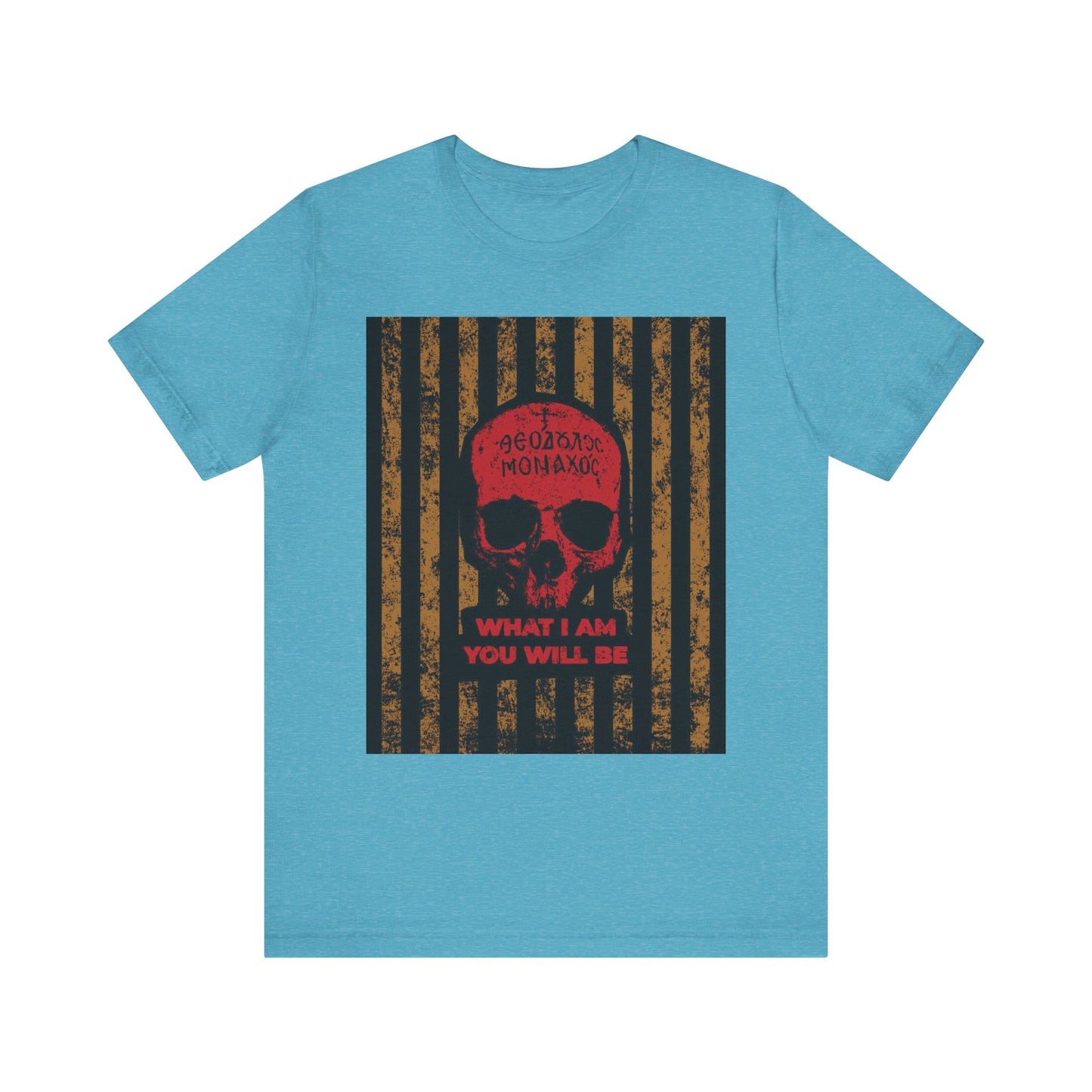 Heather Aqua T-shirt featuring a red skull, Greek text, and the phrase "WHAT I AM YOU WILL BE" on a black and gold striped background—a striking tribute to St. Ignatius Brianchaninov’s teachings on remembrance of death and spiritual mortality. This lightweight cotton unisex tee is part of the “What I Am You Will Be | Memento Mori | Remembrance of Death | Mt Athos Monk Skull | Ascetic Ethos” collection.