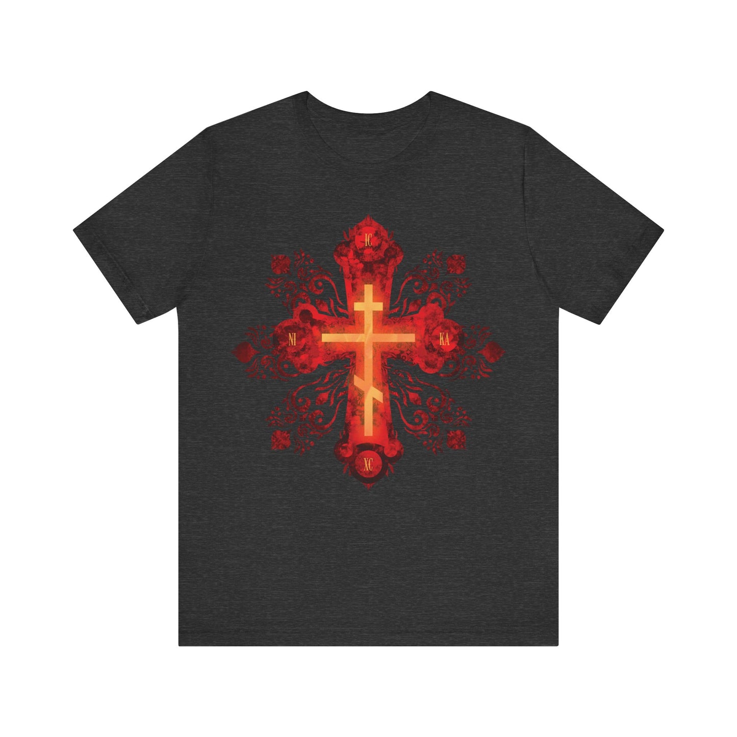 Dark Grey Heather tee featuring a red & gold ornate Russian-style Orthodox cross and "He was pierced for our transgressions"—a Christian cotton unisex shirt inspired by St. Herman of Alaska’s faith and heavenly hope.