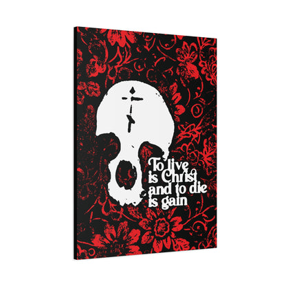 To Live is Christ To Die is Gain (Phil 1:21) | Skull with Cross on Red Floral Texture | Orthodox Christian Canvas Art