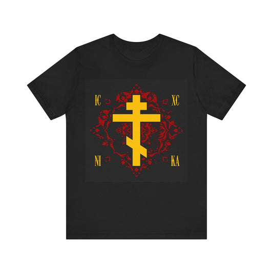 ICXC NIKA Yellow Russian Cross on Ornate Red Background Design | Jesus Christ Conquers | Orthodox Christian T-Shirt