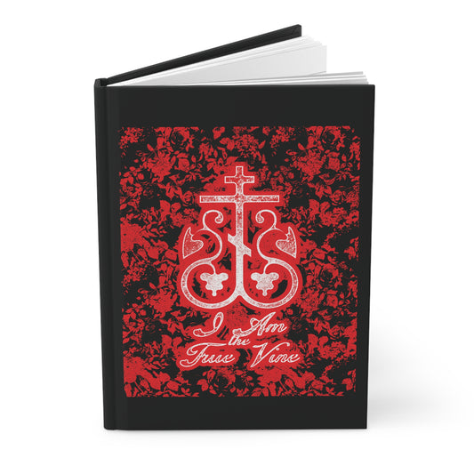 I Am the True Vine (John 15:1) | Orthodox Cross Vine Monogram | Red and Black Floral Design | Orthodox Christian Hardcover Journal