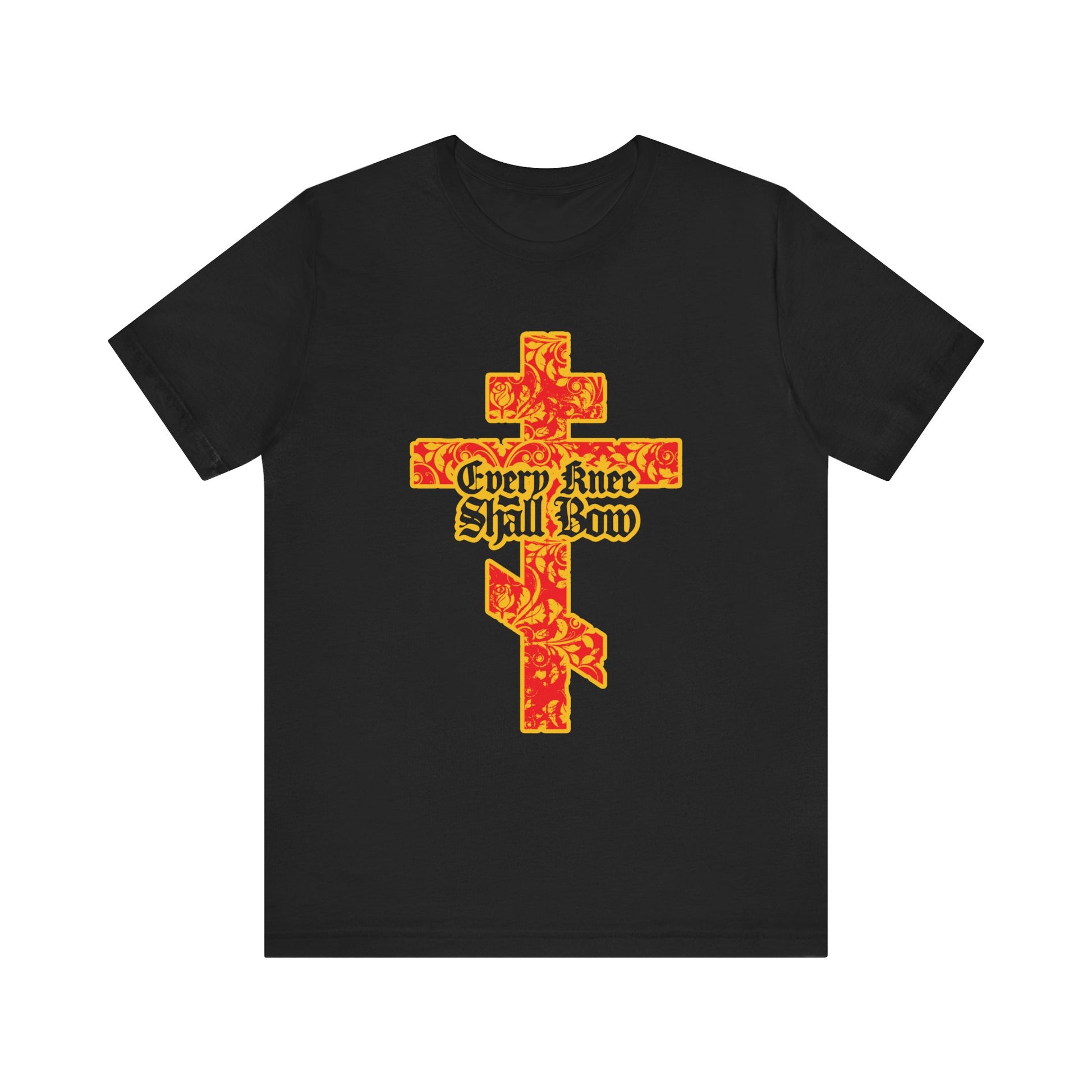 Black "Every Knee Shall Bow" tee features a gold and red floral Orthodox cross with gothic letters, inspired by Isaiah 45:22-24 & Phil 2:7-11. Lightweight cotton unisex design.