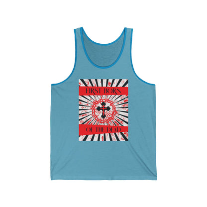 First Born of the Dead | Orthodox Cross and Crown of Thorns | Red White and Black Textured Design with Rays | Orthodox Christian Jersey Tank Top / Sleeveless Shirt