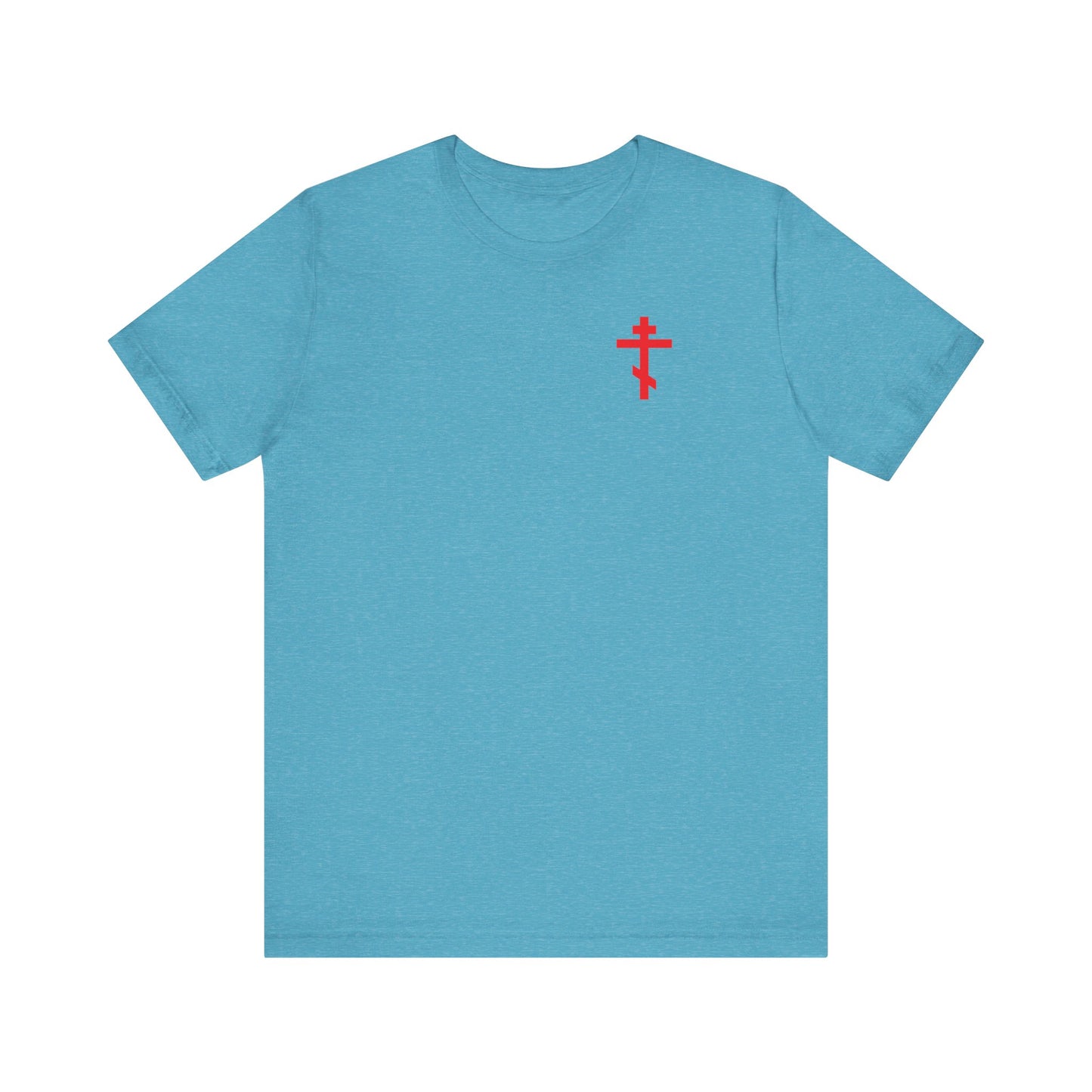 O Death Where is Thy Victory? BACK w/ Red Cross on Front Left Breast | Cross Stabbing Skull | Yellow Text | Lightweight Cotton Unisex Tee