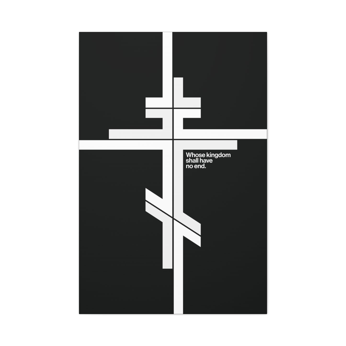 Whose Kingdom Shall Have No End"—a modernist minimalist Orthodox Cross logo on canvas art, inspired by Luke 1:32-33 and reflecting the eternal nature of Christ’s kingdom.