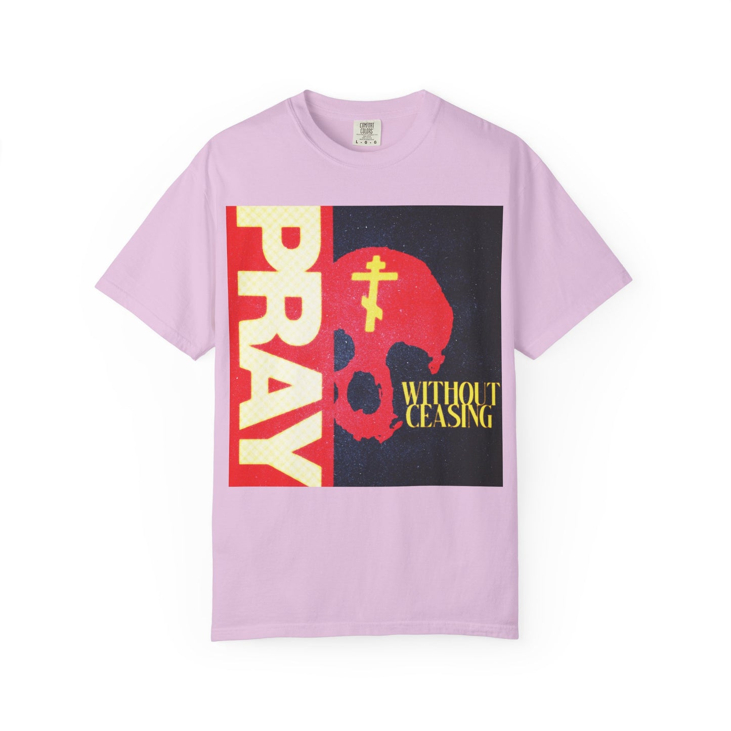 Show your faith in style with our "Pray Without Ceasing (1 Thess 5:16)" Christian Heavyweight Cotton Unisex T-Shirt. This orchid-colored tee features a striking red skull and yellow Orthodox cross design, paired with the inspiring message: PRAY WITHOUT CEASING. Made from premium heavyweight cotton, it’s the perfect way to express your beliefs boldly and comfortably.