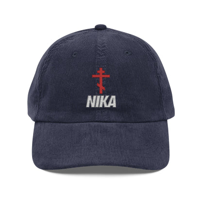 NIKA Red Russian Cross w/ White Text | NIKE Logo Mashup | Orthodox Christian Vintage Embroidered Corduroy Cap