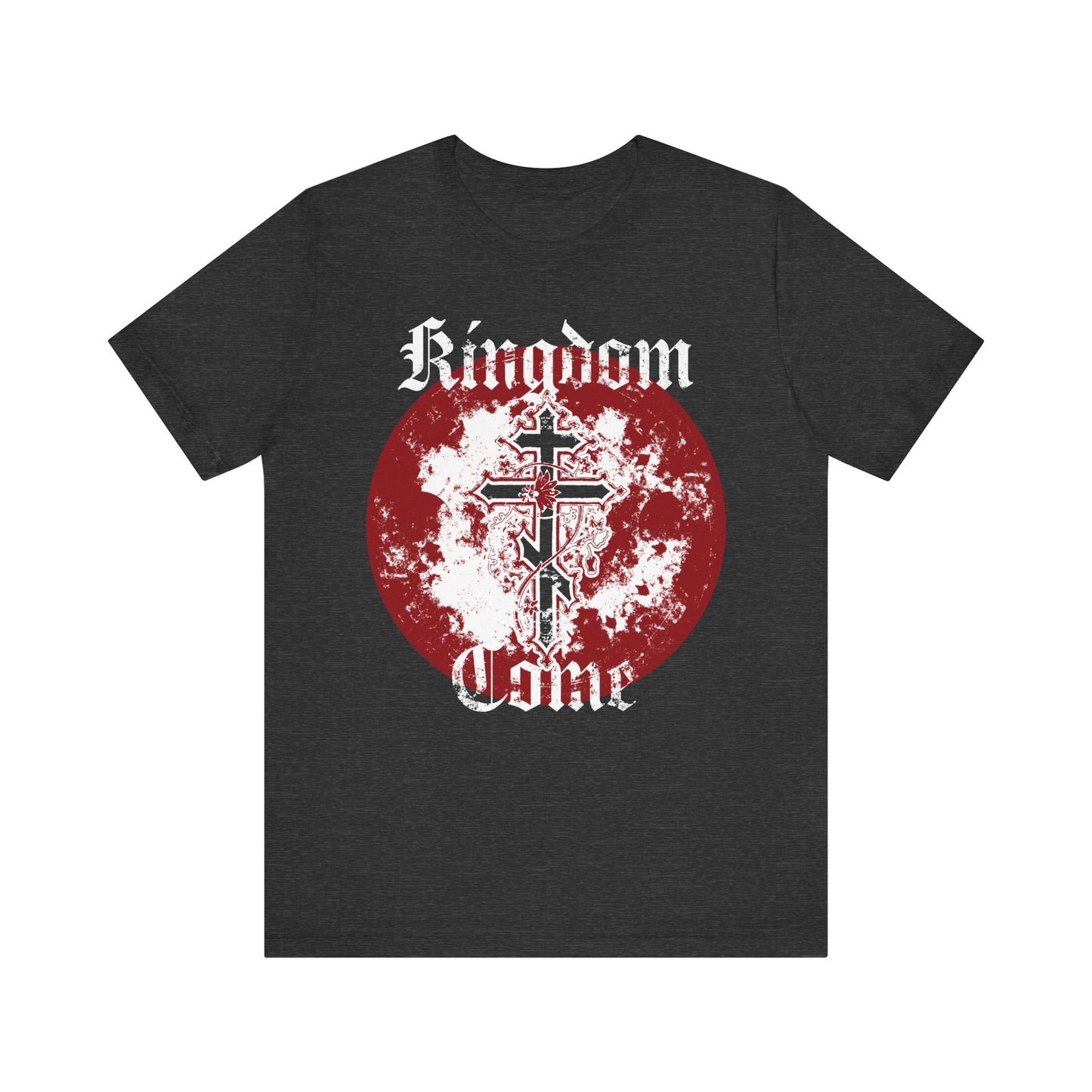 Dark grey heather tee featuring "Thy Kingdom come" in textured Gothic font, an Orthodox cross with a vine, and a distressed red circle—a bold tribute inspired by the Lord’s Prayer.