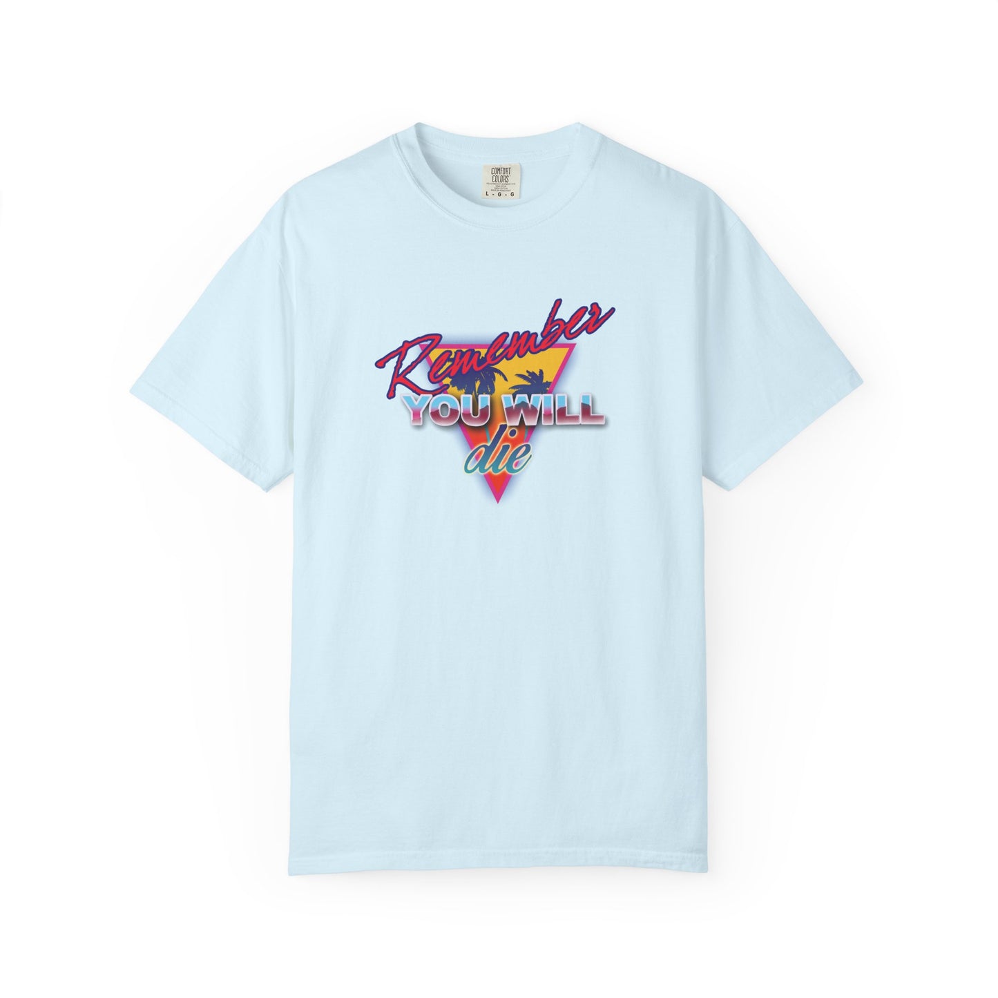 Chambray heavyweight cotton unisex tee featuring retro 80s synthwave “Remember You Will Die” palm tree design—a nod to Orthodox memento mori and St. John Climacus’s The Ladder of Divine Ascent.