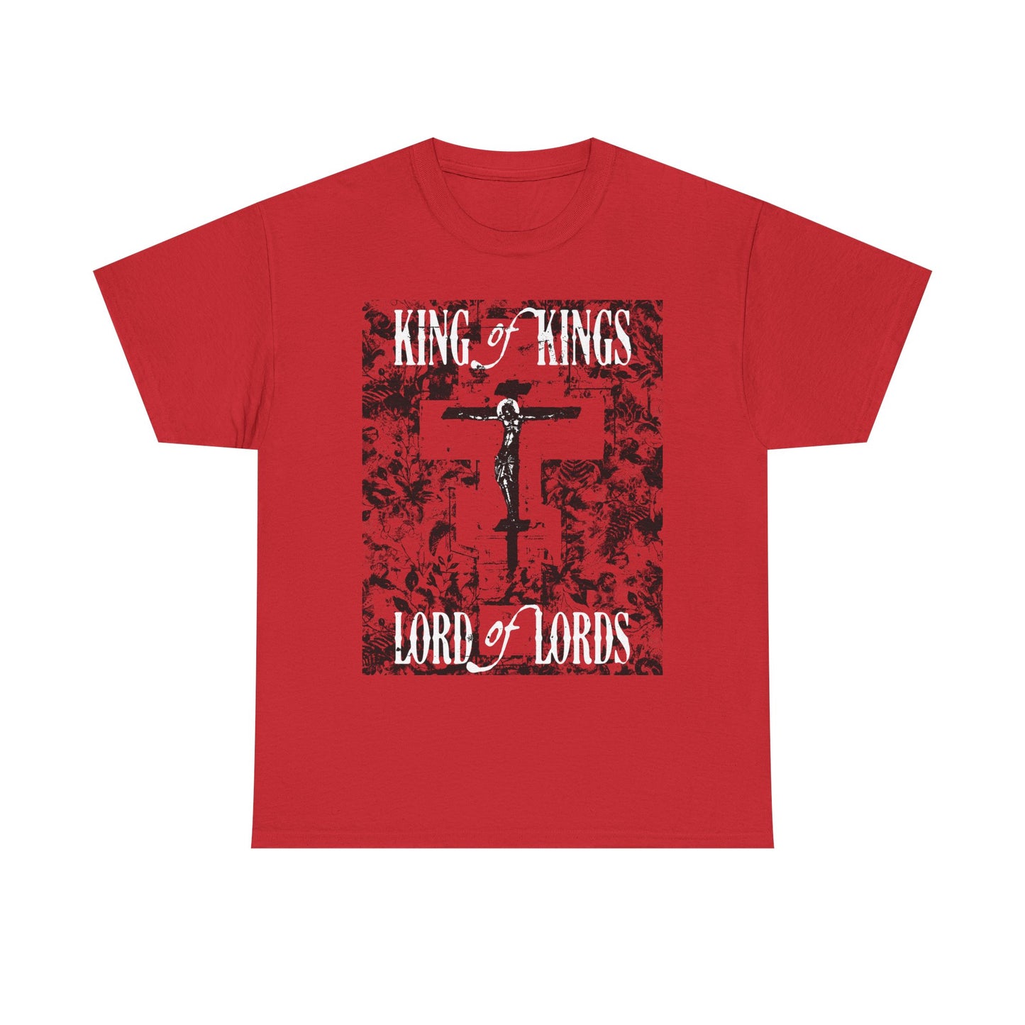 King of Kings, Lord of Lords | Christ Crucified Icono-Graphic | Red Cross Nature Texture w/ White Text | Midweight Cotton Unisex Tee