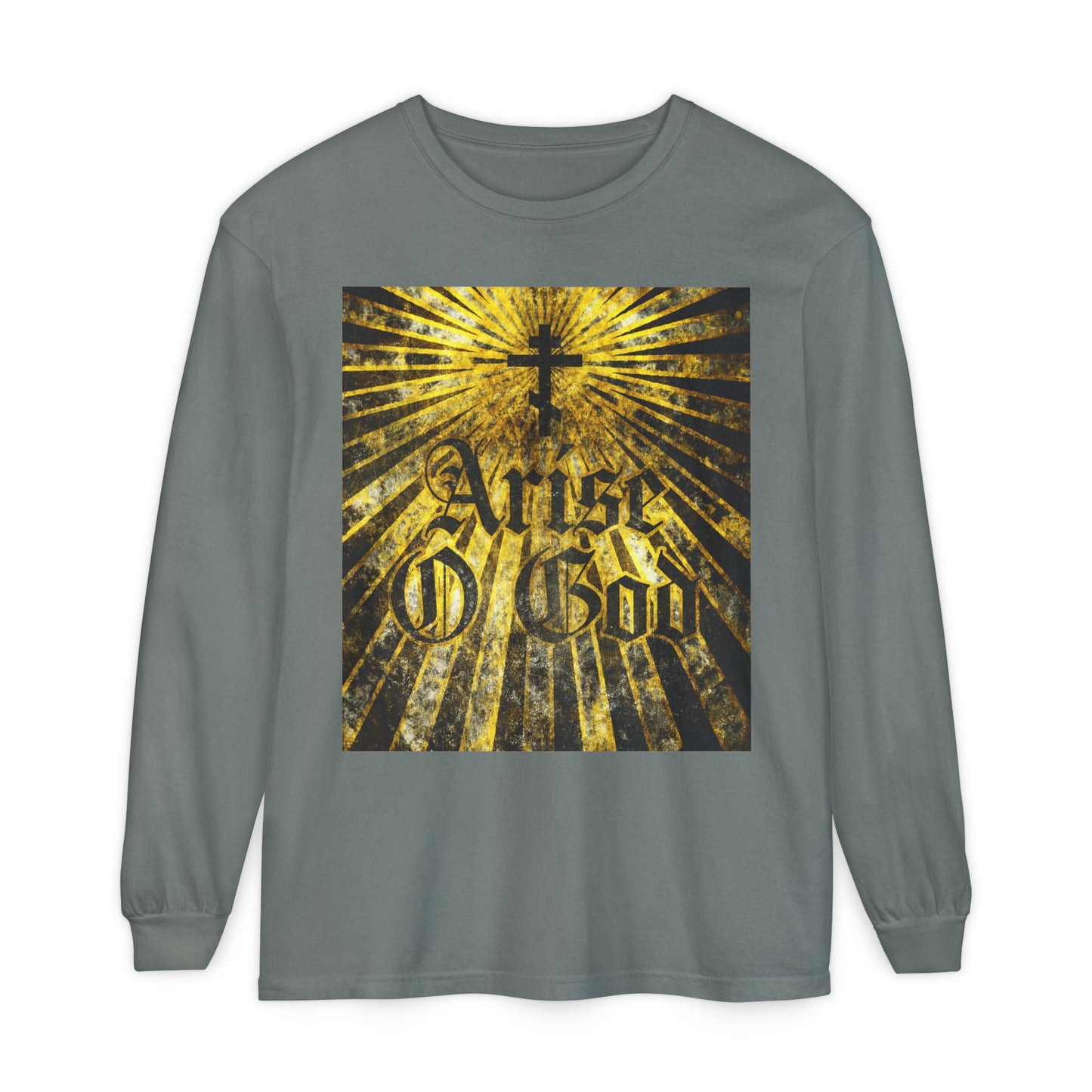 Grey long sleeve shirt with "Arise O God" in textured Gothic font, Orthodox cross, and golden rays—referencing Psalm 81 (82 LXX) and the Divine Council worldview. Orthodox Christian apparel.