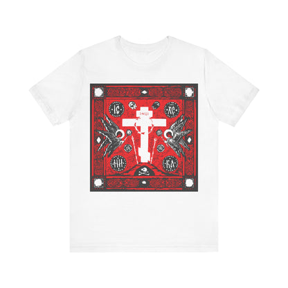 Adoration of Holy Cross IconoGraphic | Striking Red, White, & Black Russian Cross Design w/ Angels  | Orthodox Christian T-Shirt