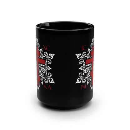 ICXC / NIKA Red Orthodox Cross on Ornate White Medieval Floral Design | Exclusive Best-Selling | Orthodox Christian Black Mug