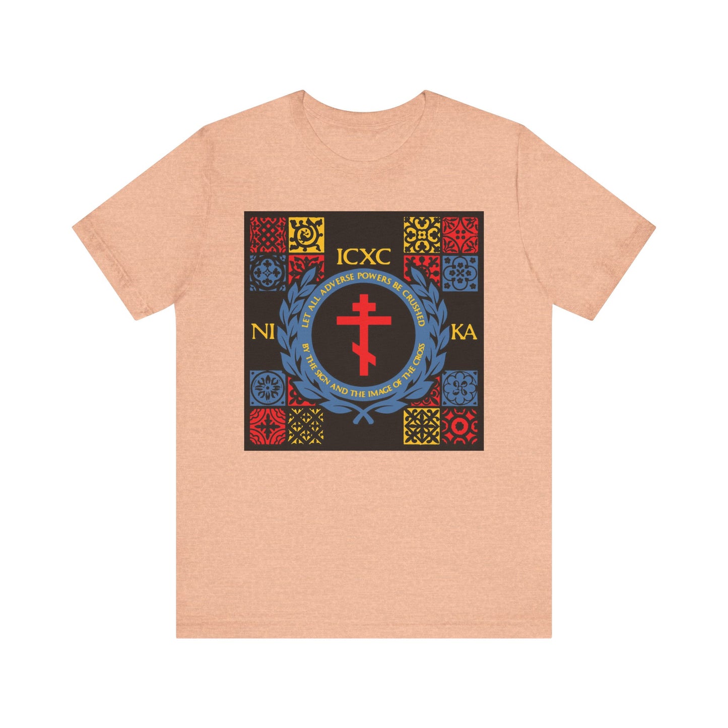 Heather peach unisex t-shirt featuring "Let All Adverse Powers Be Crushed" in a red, yellow & blue medieval tile design with ICXC NIKA cross; lightweight cotton, inspired by the Katavasia of the Cross.