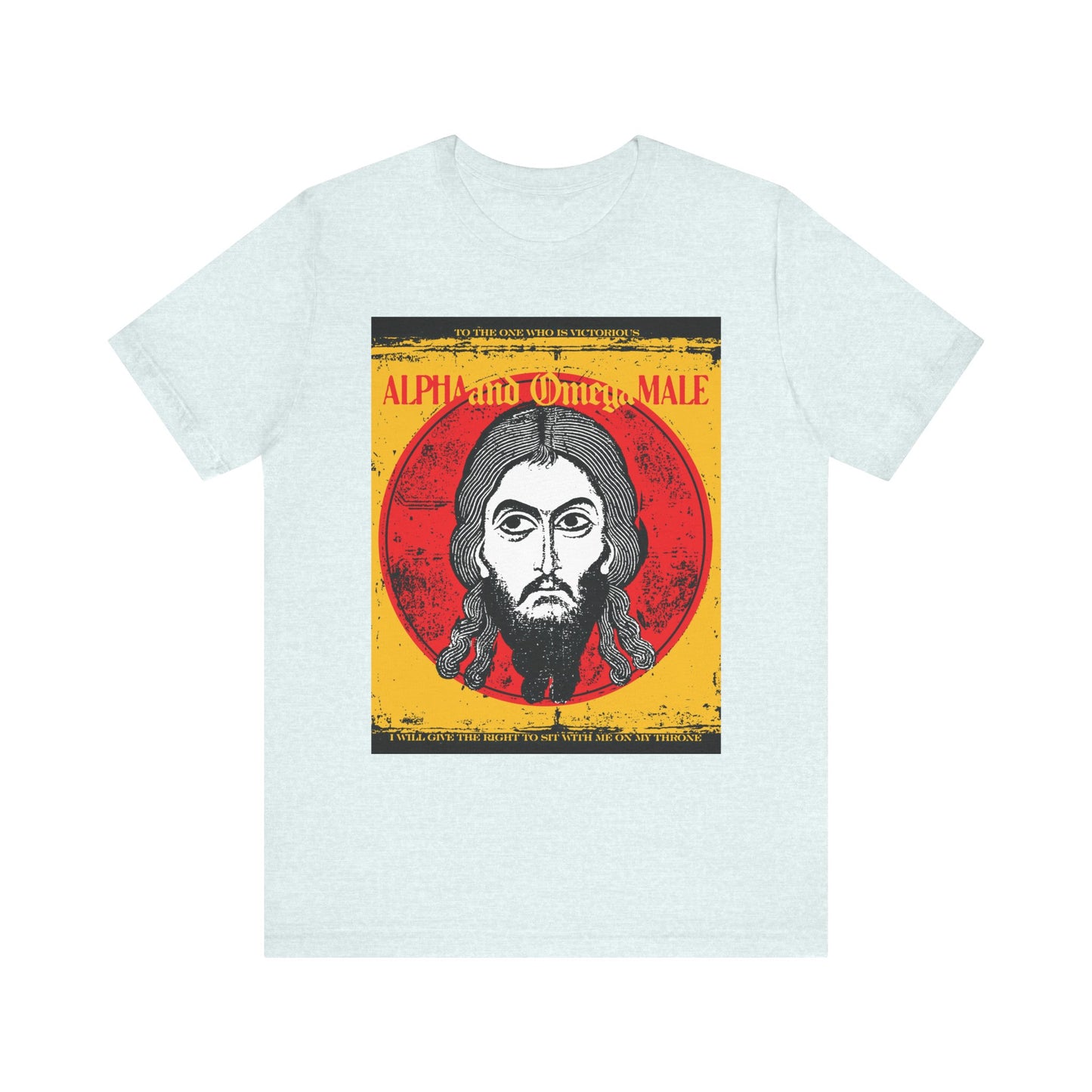 Heather ice blue unisex tee featuring Jesus Christ Image of Edessa IkonoGraphic and "Alpha & Omega Male" text, inspired by Orthodox themes and the Revelation quote, "To the One Who Is Victorious." Lightweight cotton.