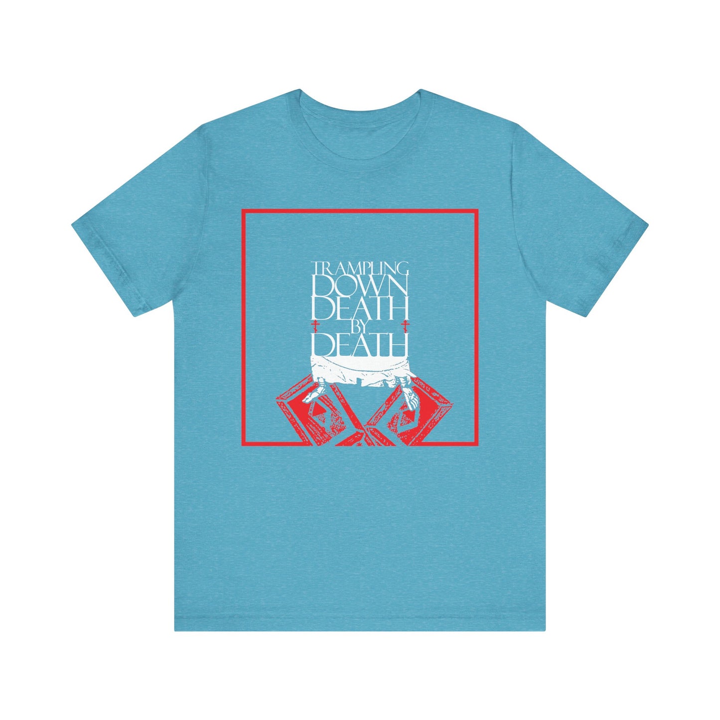 Heather Aqua unisex tee featuring “Trampling Down Death by Death” in white and red text inside a red square, inspired by resurrection and eternal life. Iconographic Jesus’ feet on Gates of Hades design. Orthodox Pascha themed. Lightweight cotton.