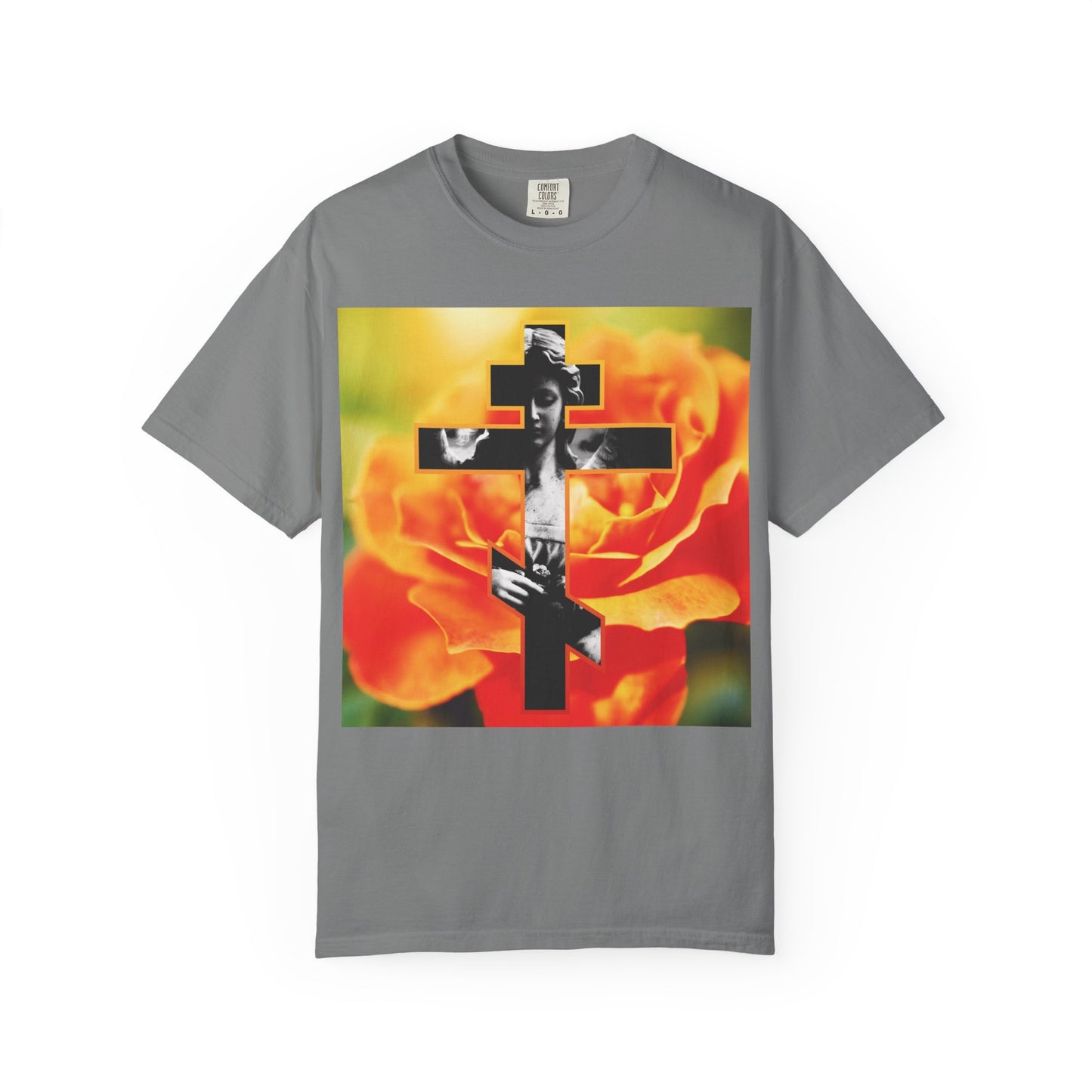 Grey heavyweight cotton unisex tee featuring a cemetery statue angel cross design set against orange roses, with the message “Remember You Will Die” (Memento Mori), inspired by Orthodox Christian tradition.