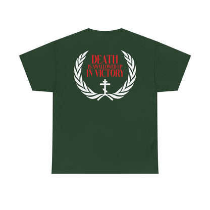Dark green midweight cotton tee featuring white laurel, cross, and red “Death is Swallowed Up In Victory,” inspired by Archangel Michael in Revelation 12:7-9. Orthodox unisex, double-sided design: Archangel Michael of the Apocalypse Iconographic.