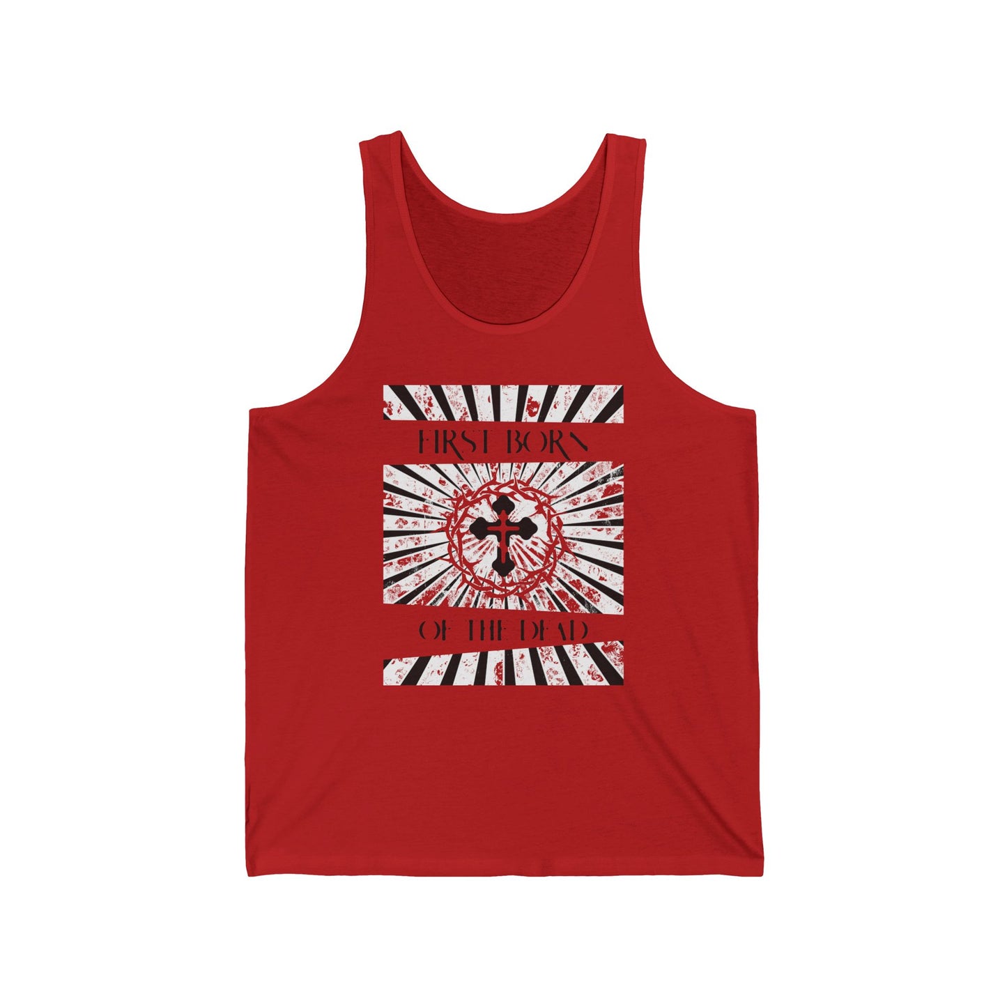 First Born of the Dead | Orthodox Cross and Crown of Thorns | Red White and Black Textured Design with Rays | Orthodox Christian Jersey Tank Top / Sleeveless Shirt