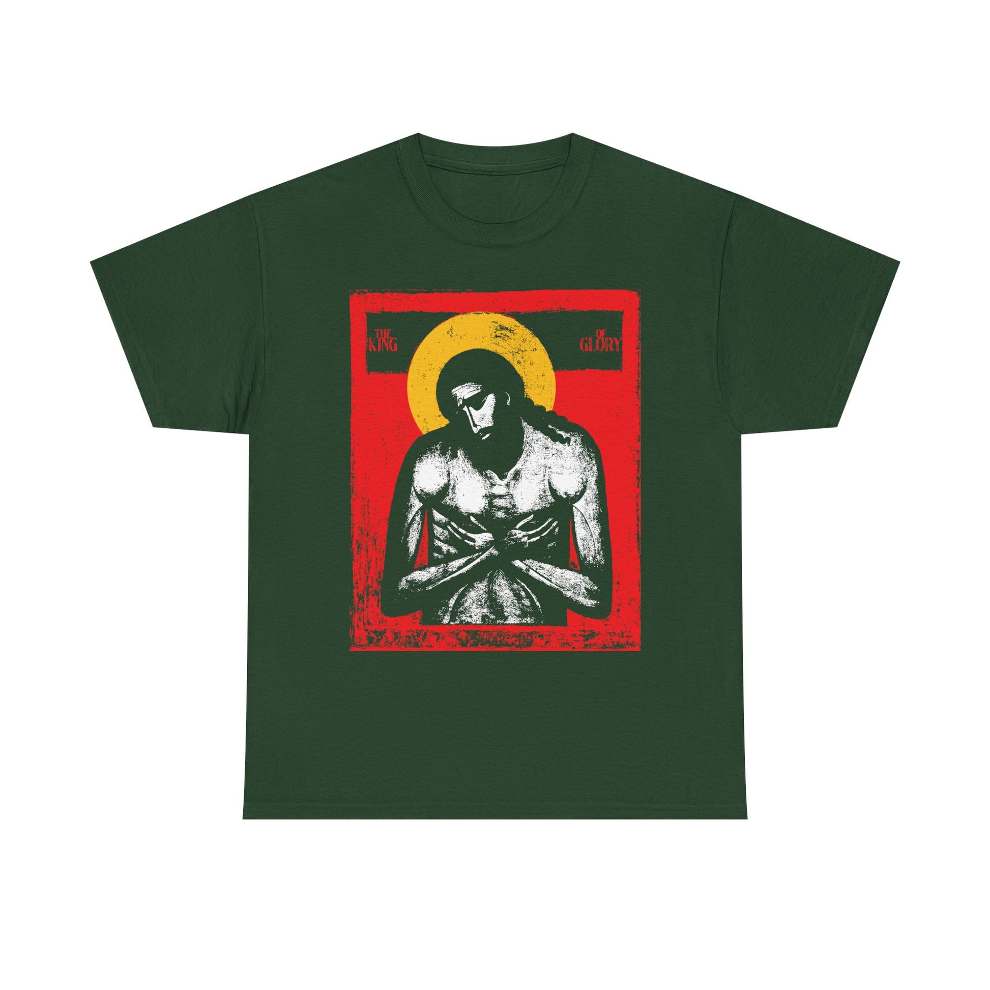 Forest green "The King of Glory Jesus Christ 'Extreme Humility' IconoGraphic" t-shirt features an icon-style image of Jesus with halo on a red and yellow background, inspired by Isaiah 53 and the death on the cross.