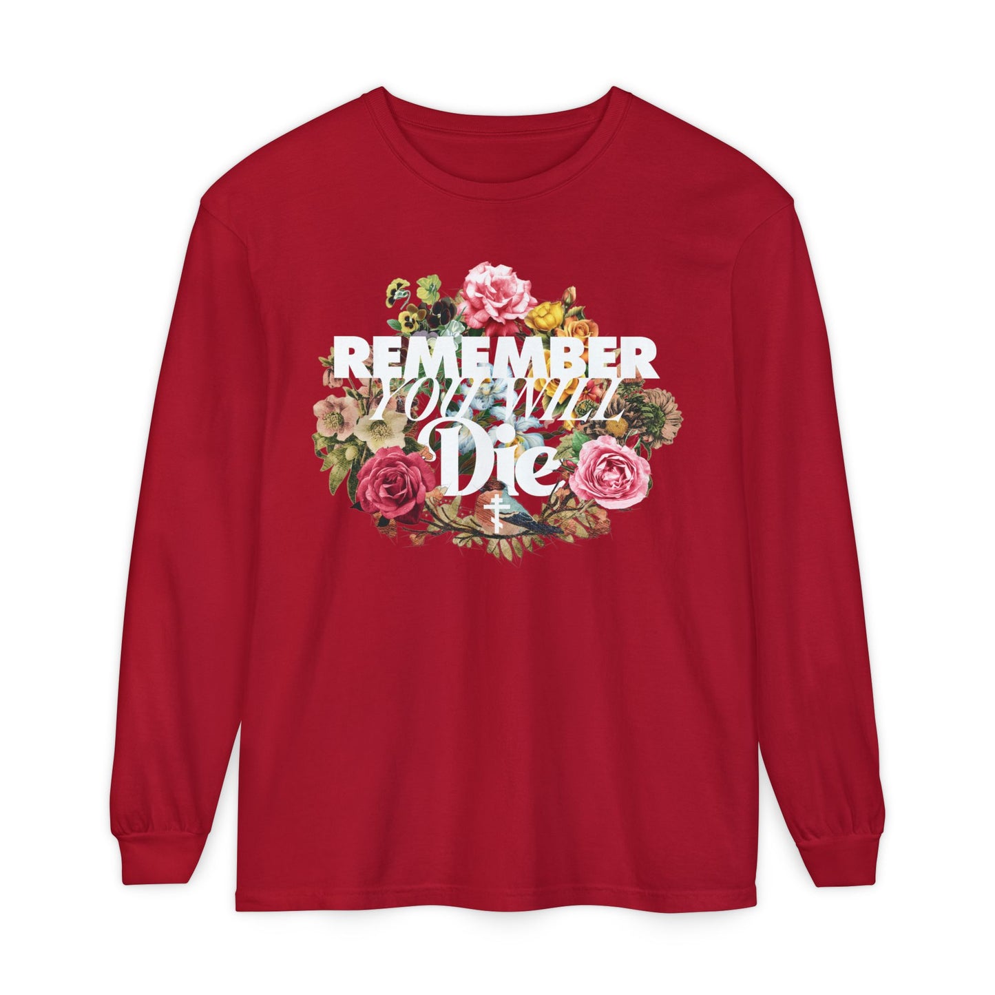 Red long sleeve cotton shirt featuring classic typography "Remember You Will Die" with a cross and floral wreath design, inspired by Orthodox memento mori tradition.