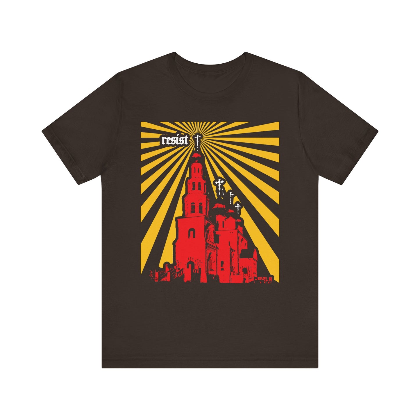Brown shirt featuring a red church, yellow sun rays, and the word "resist" near the top left corner—a bold statement capturing the spirit of the age and echoing St Ignatius Brianchaninov's warnings against apostasy. This lightweight cotton unisex tee, titled "Resist (Orthodoxy Against the World) | The Orthodox Church is a Beacon for the World," boldly expresses steadfast Christian faith.