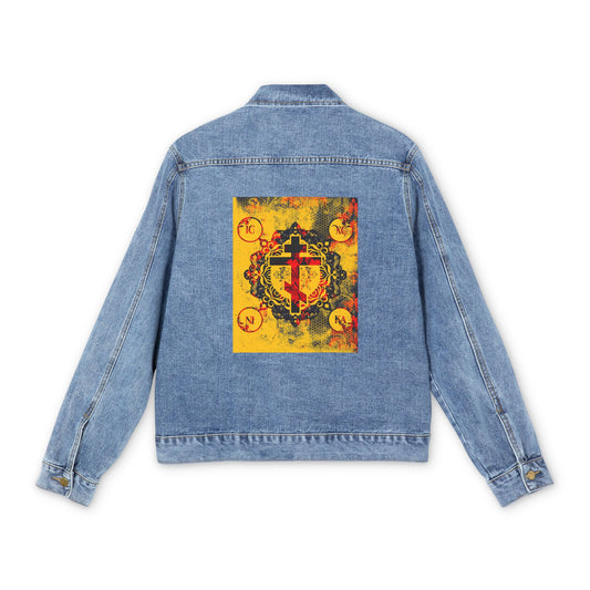 IC XC NIKA Orthodox Cross | Yellow & Red Modern & Medieval Textured Floral Design | Orthodox Christian Blue Denim Jacket