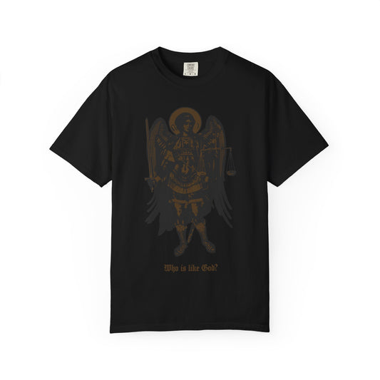 Black & Bronze Archangel Michael With Sword & Scales of Justice Icono-Graphic heavyweight cotton unisex t-shirt in black, featuring a powerful depiction of the archangel holding a sword and scales, with “Who Is Like God?” printed beneath—a striking homage to divine strength and angelic armies.