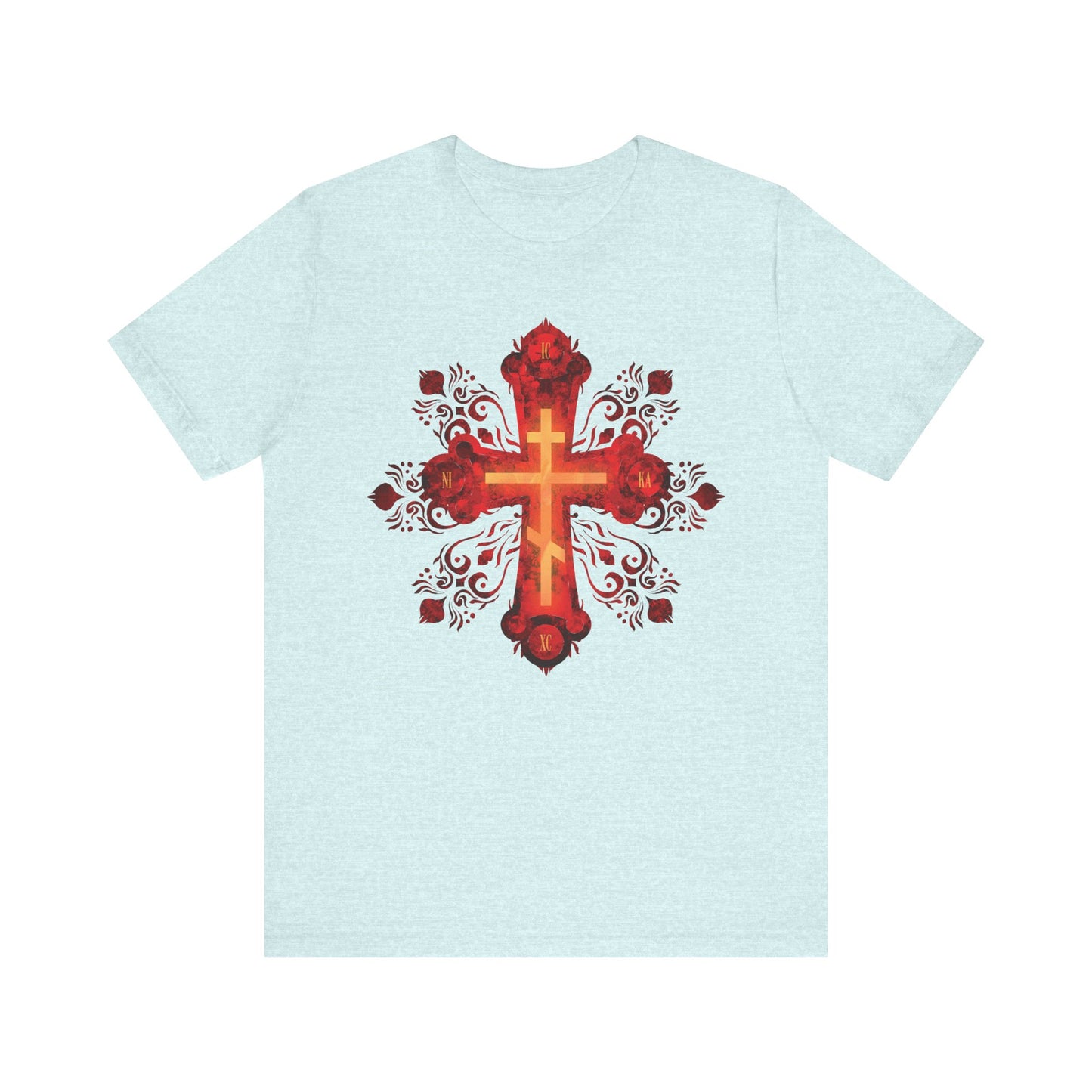 Heather Prism Ice Blue tee featuring a red & gold ornate Russian-style Orthodox cross, inspired by "He was pierced for our transgressions." Lightweight cotton unisex shirt honors the spirit of a Christian's heavenly journey.