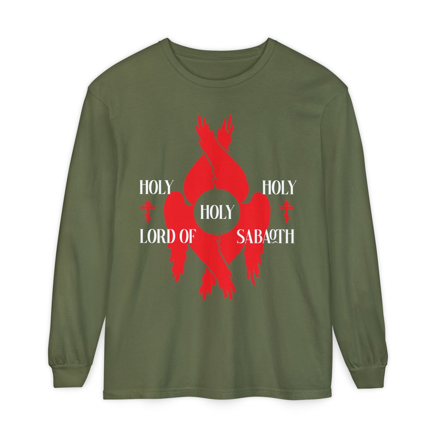 Hemp long-sleeve cotton shirt featuring red seraphim wings, Orthodox crosses, and white text: "Holy Holy Holy Lord of Sabaoth," inspired by Isaiah 6:3 and the Divine Council.