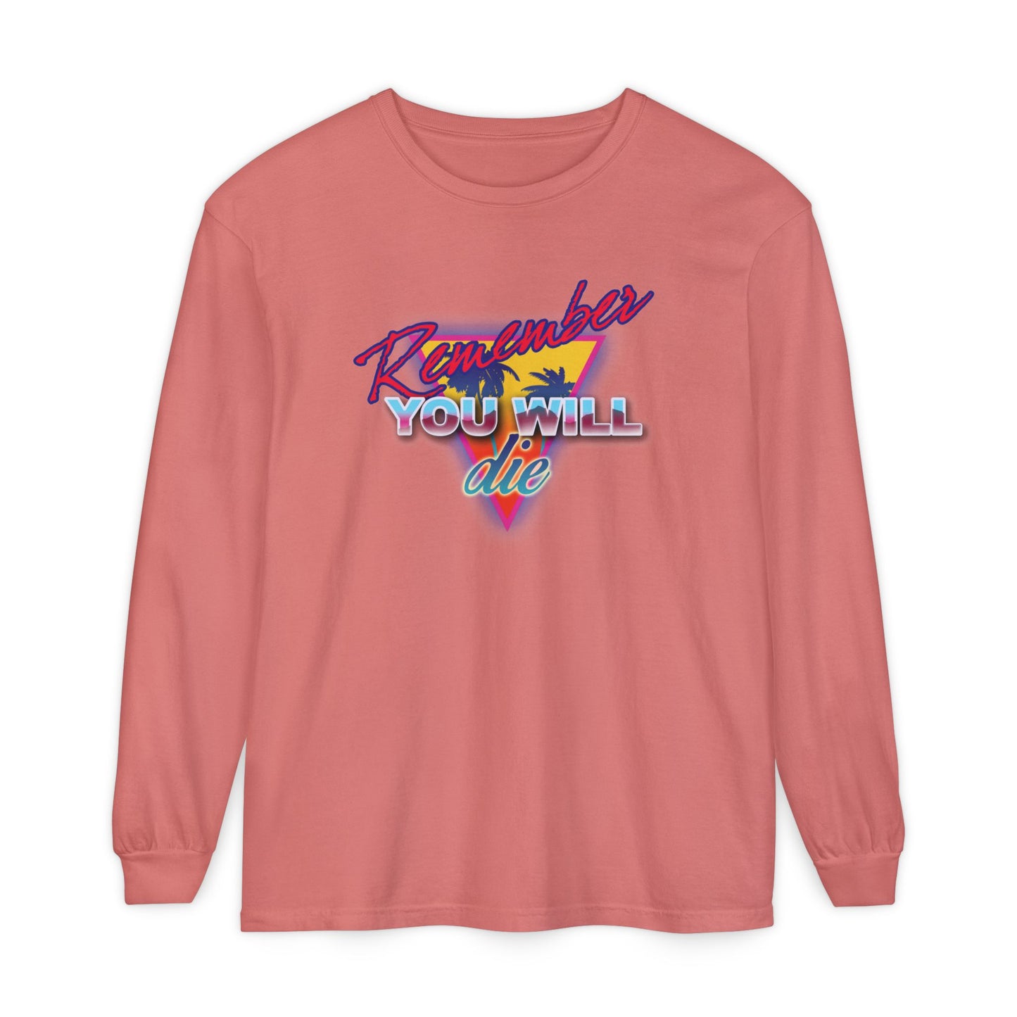 Watermelon long-sleeve cotton shirt features “Remember You Will Die” and a palm tree in bold 80s retro synthwave style—a nostalgic nod to Orthodox memento mori and St. John Climacus’s Ladder of Divine Ascent.