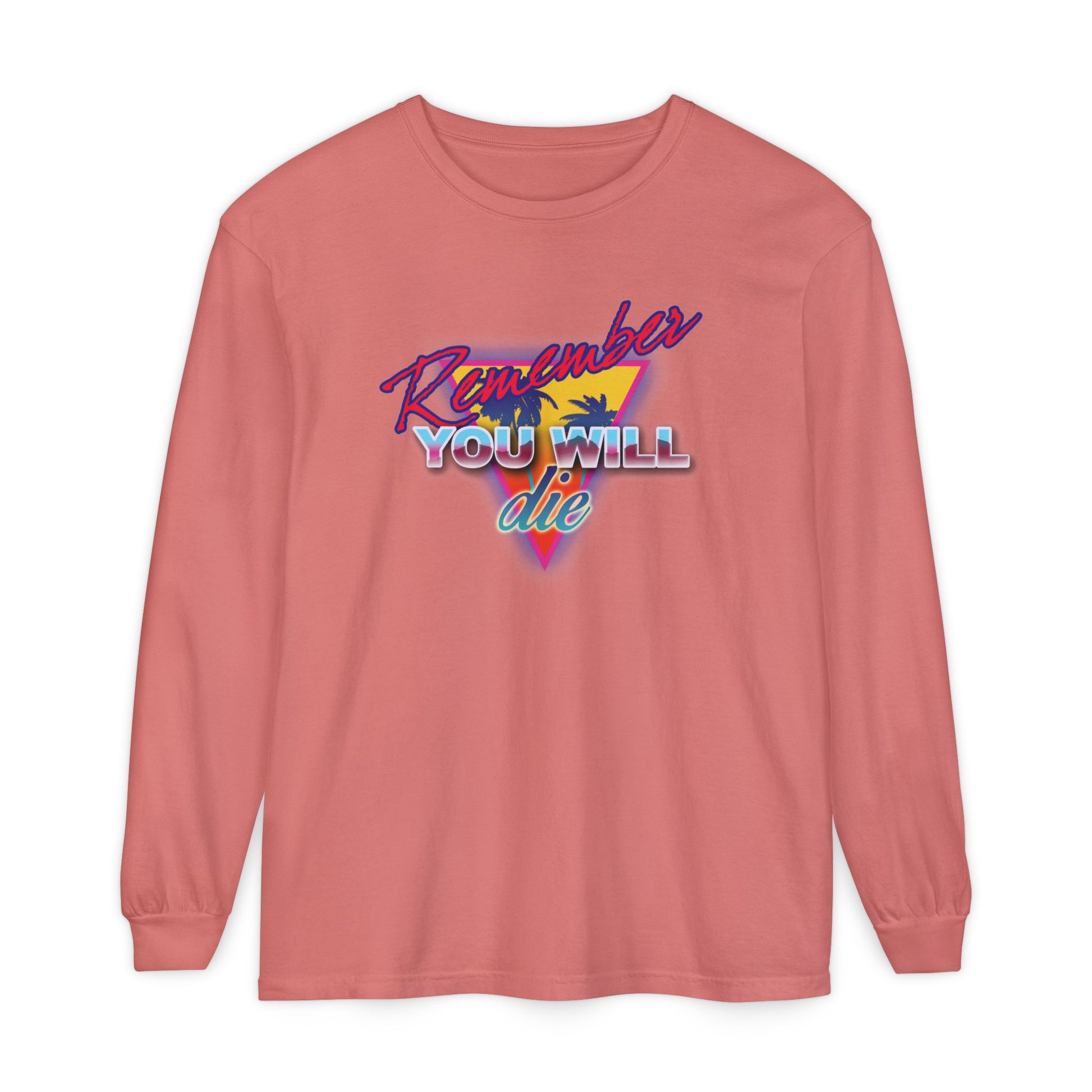 Watermelon long-sleeve cotton shirt features “Remember You Will Die” and a palm tree in bold 80s retro synthwave style—a nostalgic nod to Orthodox memento mori and St. John Climacus’s Ladder of Divine Ascent.