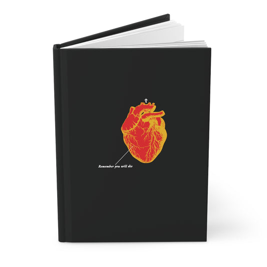 Remember You Will Die Retro Medical Textbook Heart Design Hardcover Journal features an inverted red & orange anatomical heart and "Remember you will die" text—a memento mori rooted in Orthodox Christian tradition.