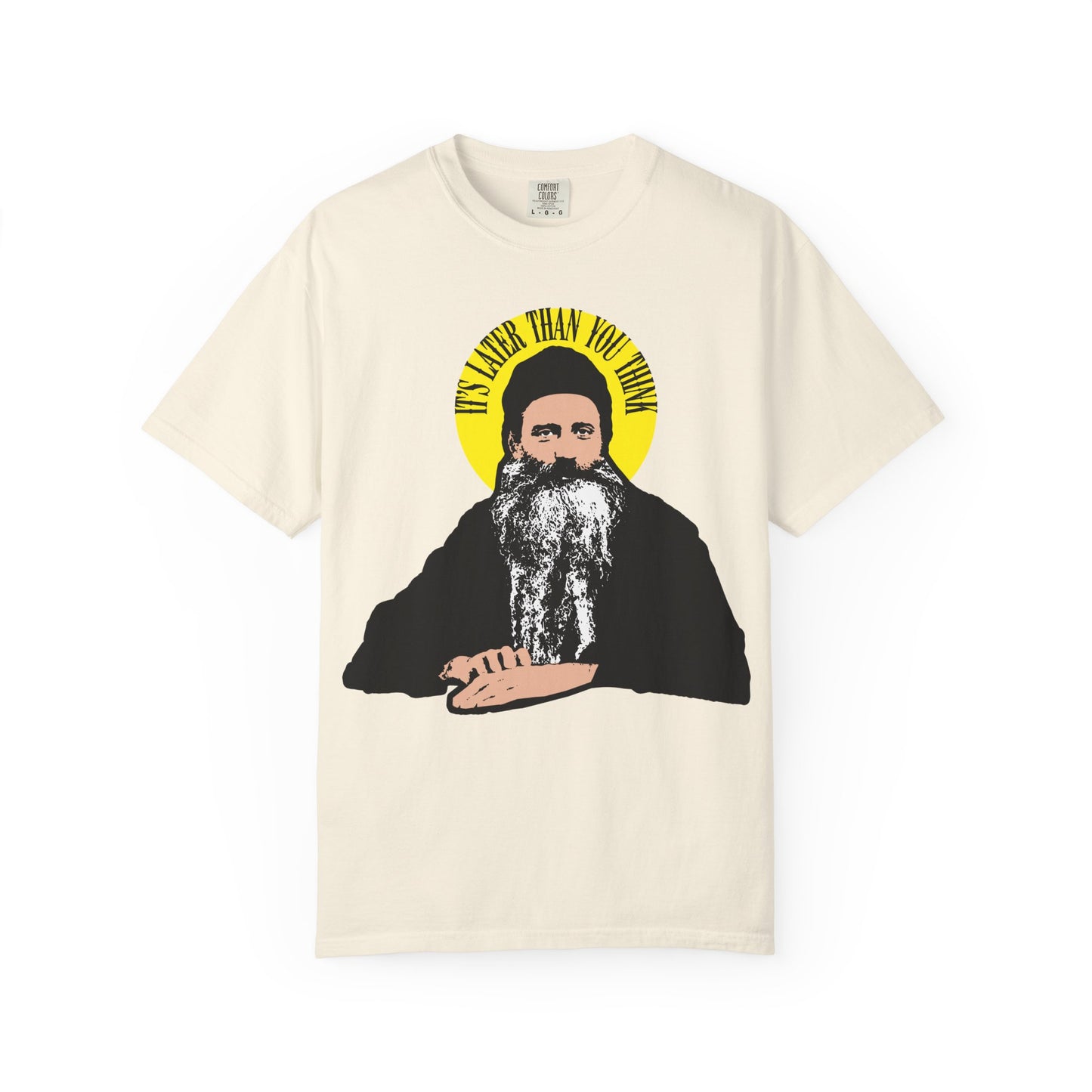 Ivory unisex tee featuring Fr Seraphim Rose’s quote “It’s Later Than You Think” in a yellow halo—a modern nod to embracing life and the journey beyond, inspired by American Orthodox saints. Heavyweight cotton for comfort.