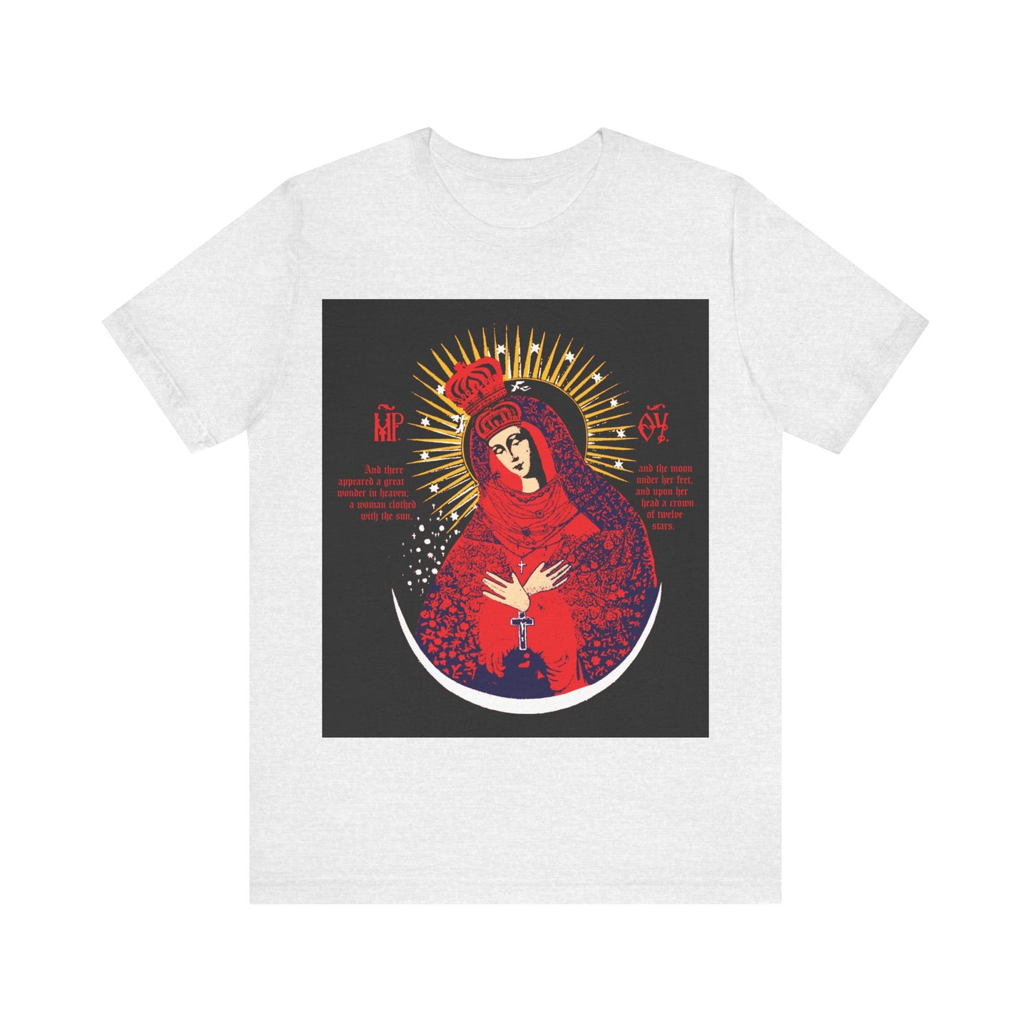 Ash t-shirt featuring a colorful icon-style image of Our Lady the Gate of Dawn, with a golden halo and radiant red and blue robe, inspired by the iconic Vilnius Theotokos. Orthodox cotton tee: Icono-Graphic Red Blue & Gold Design.
