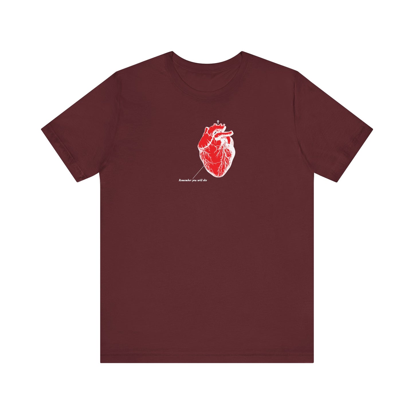 Maroon lightweight cotton unisex t-shirt featuring an antique medical textbook heart design titled “Remember You Will Die,” inspired by St. John of the Ladder and Orthodox Christian themes of spiritual mourning, with red anatomical heart illustration, inverted shadow details, and subtle white text.