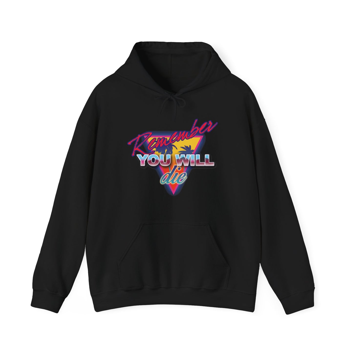 Black cotton/poly hoodie featuring “Remember You Will Die” in 80s retro synthwave style with palm tree, inspired by Memento Mori and St. John Climacus’ Ladder of Divine Ascent. Nostalgic Orthodox Christian design.