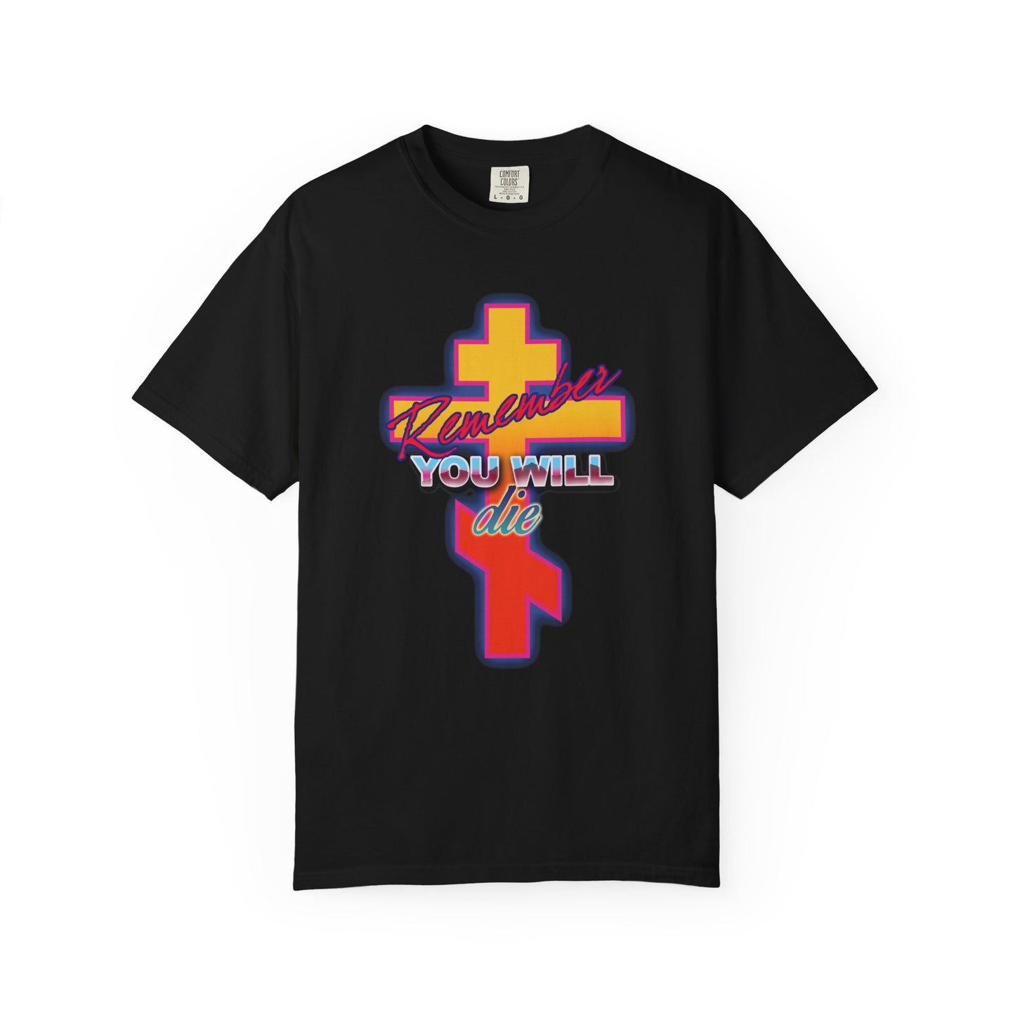 Remember You Will Die 80s Design | Glowing Synthwave Retro Orthodox Cross | Precious Life-Giving Cross | Heavyweight Cotton Unisex T-Shirt