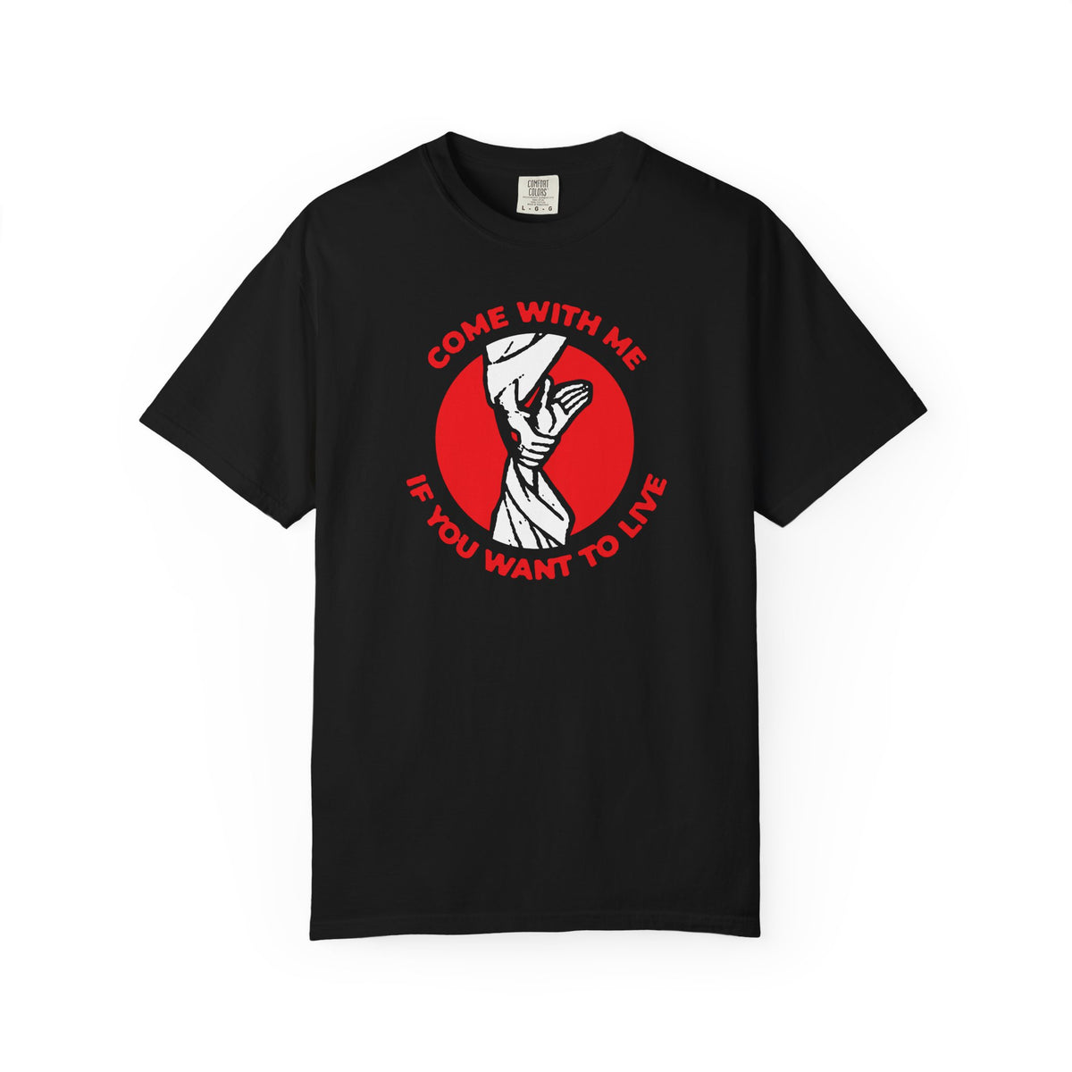 Black t-shirt featuring an iconographic image of Jesus pulling Adam out of Hades, with the bold red text “COME WITH ME IF YOU WANT TO LIVE”—Orthodox Christian heavyweight cotton unisex design.