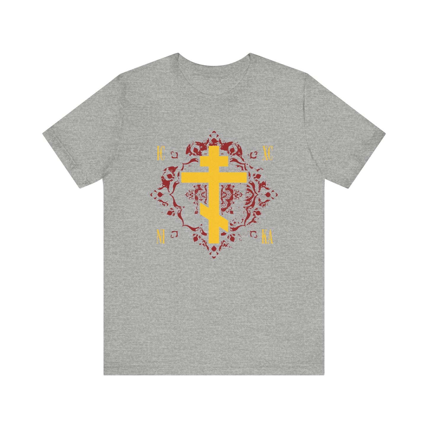 Athletic Heather t-shirt featuring the ICXC NIKA Yellow Orthodox Cross on an ornate red background, accentuated by gold Cyrillic script inspired by the teachings of St. Kosmas Aitolos—embodying the message "Jesus Christ Conquers" and celebrating the grace of sonship in every detail.