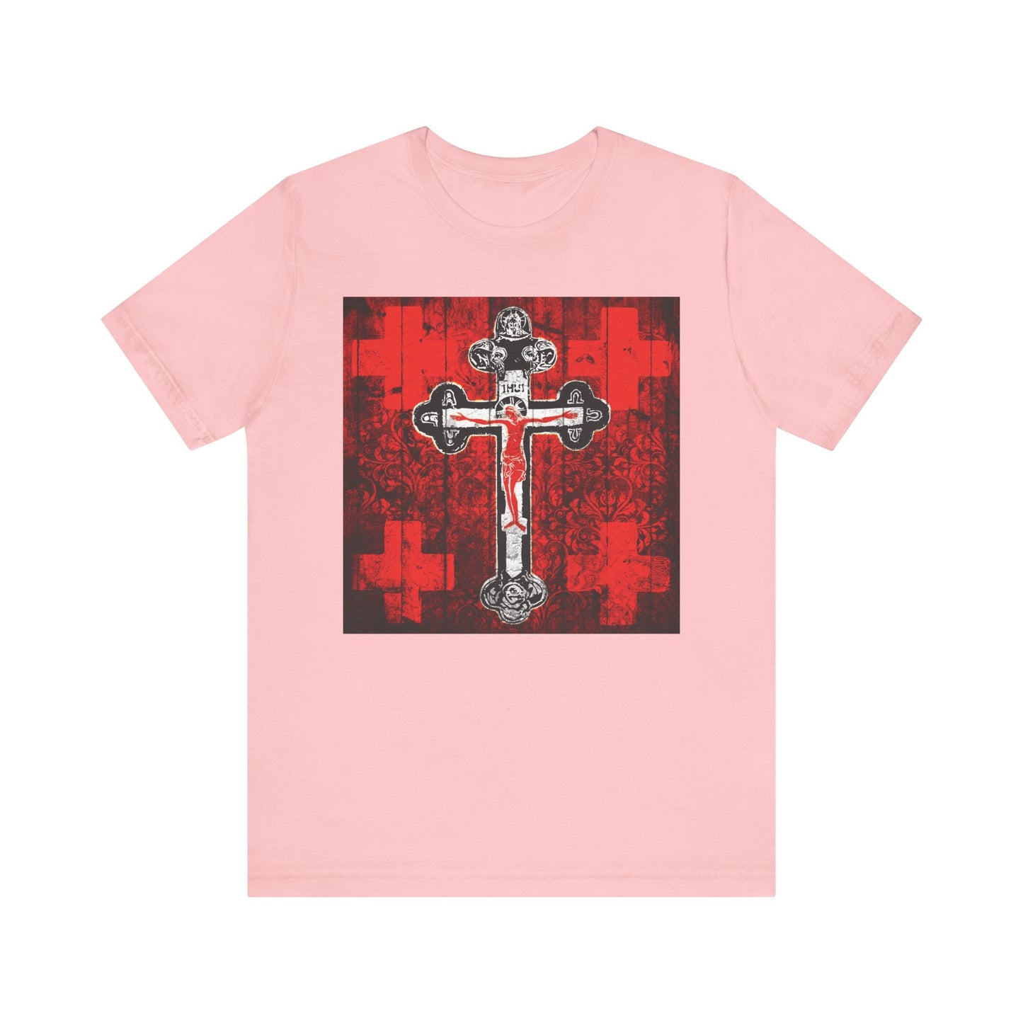 Pink unisex tee featuring the Alpha & Omega Art Cross with Jesus Christ Crucifix in a red, white & black Orthodox iconographic design. Christian lightweight cotton shirt.