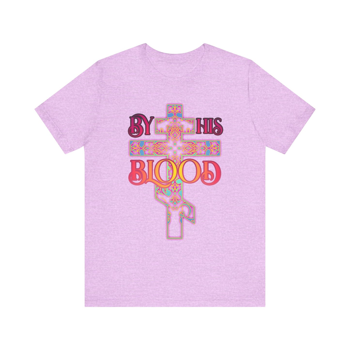 Heather Prism Lilac By His Blood unisex tee featuring a glowing ornate Orthodox cross in an 80s color scheme—Christian lightweight cotton shirt symbolizing eternal redemption.