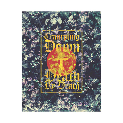 Trampling Down Death By Death | Paschal Floral Design with Gothic Script and Three-Bar Cross | Orthodox Christian Art Poster