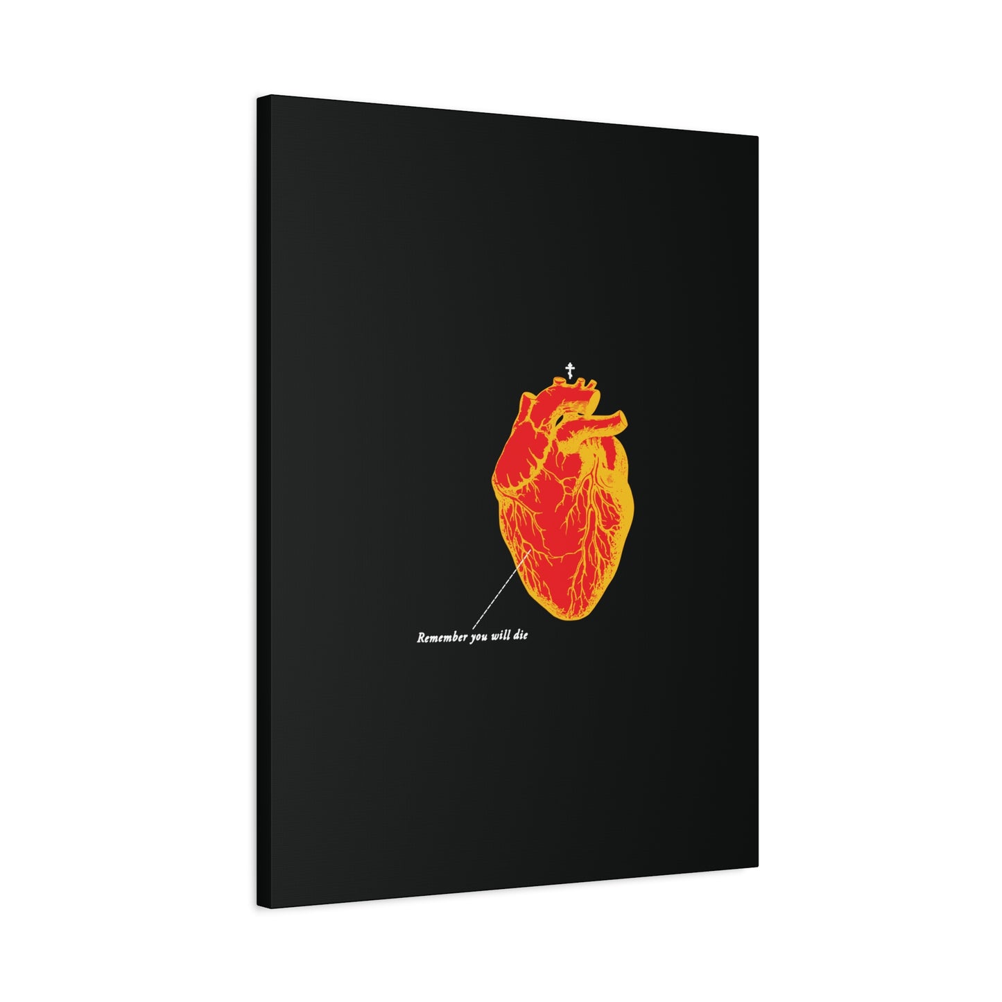 The "Remember You Will Die Retro Medical Textbook Heart Design" canvas wall art features an inverted red and orange anatomical heart and memento mori text on black, inspired by Orthodox Christian themes.