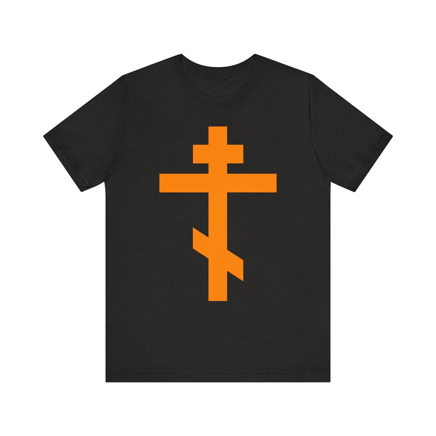 Black Heather unisex lightweight cotton tee featuring a large orange Orthodox tribar cross design on the front, inspired by the faith of St. John of Kronstadt and the Troparion "Preserve Thy People By Thy Cross, O Lord.