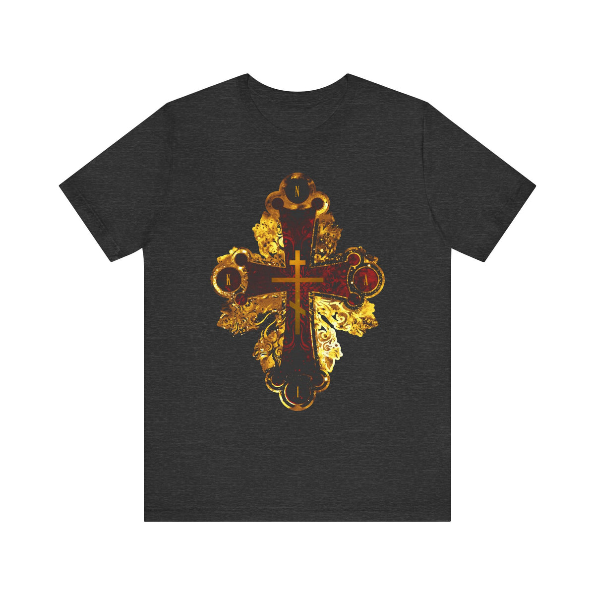 Dark Grey Heather t-shirt featuring an ornate metallic-style Orthodox NIKA cross in red and gold textures at the center, inspired by intricate symbolism from Tone 3 Tuesday Matins sessional hymns.