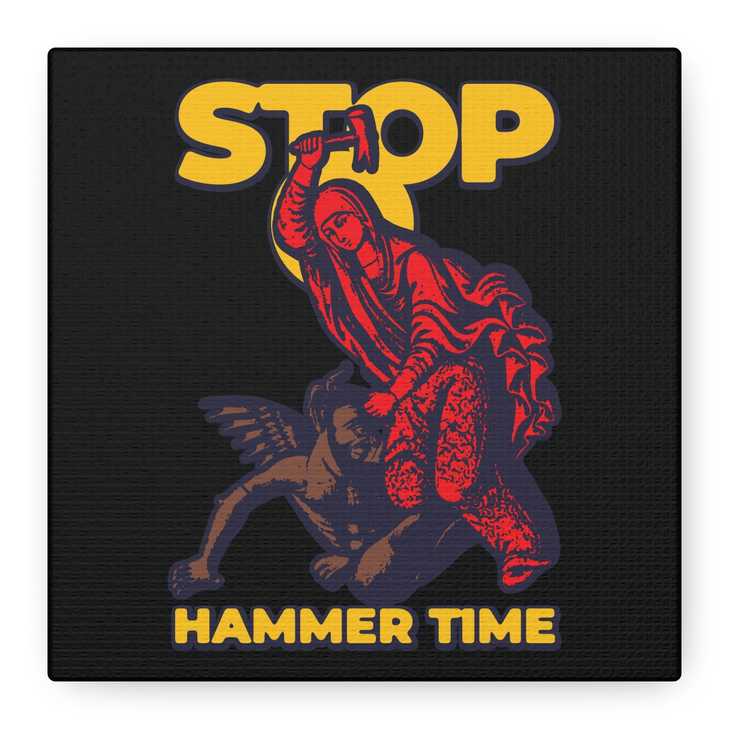 St Marina of Antioch Beating the Devil with a Hammer | Stop, Hammer Time: Modern Orthodox meme wall art featuring stylized red, blue, and yellow design on a black background, inspired by the 4th-century Christian saint.