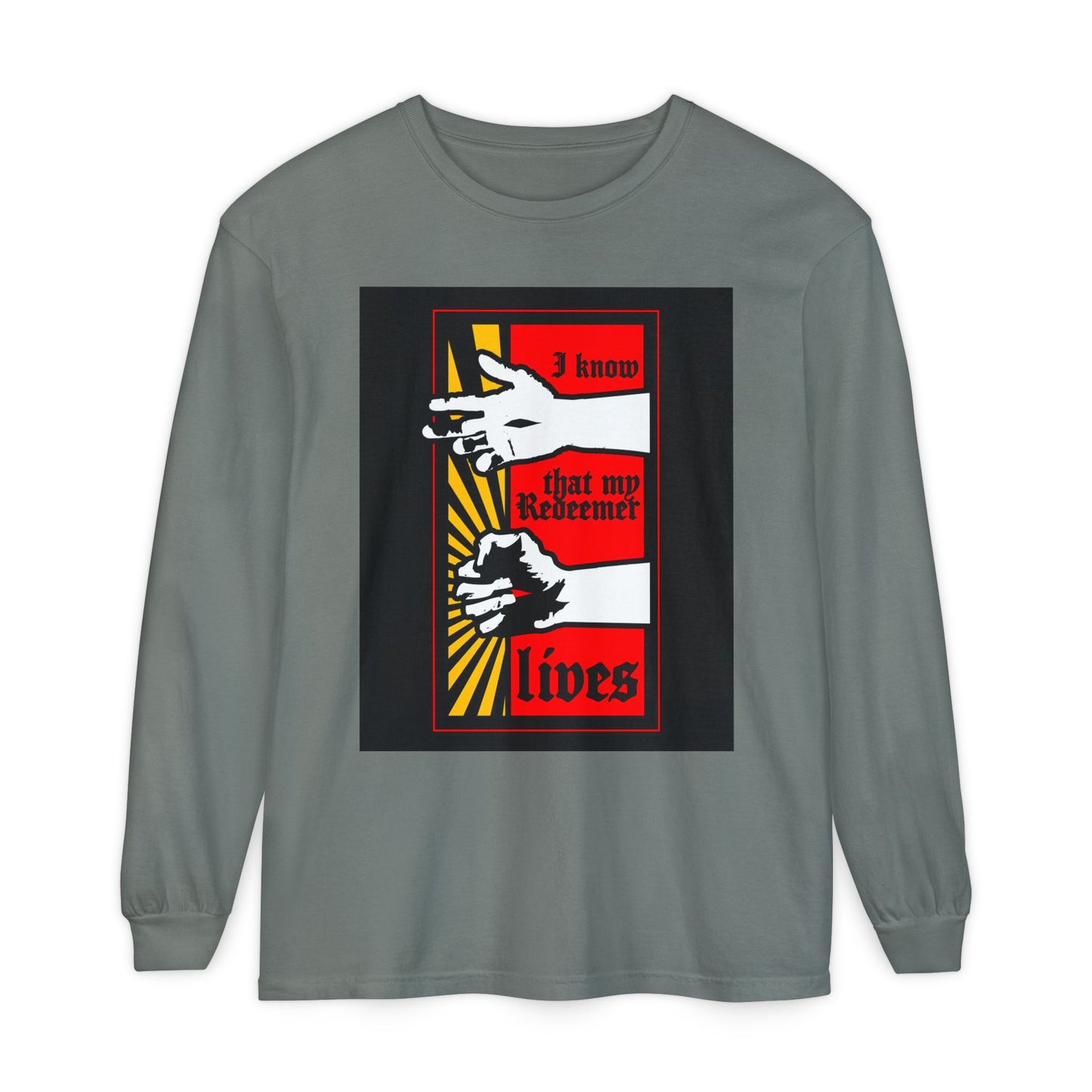 Grey long-sleeve shirt featuring a comic book style “Resurrected Jesus Fist with Divine Power” and “I Know That My Redeemer Lives” (Job 19:25) Orthodox Christian design.